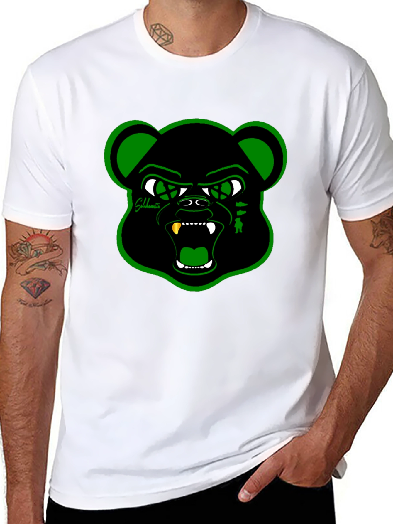 Black T-Shirt with Green Bear Graphic