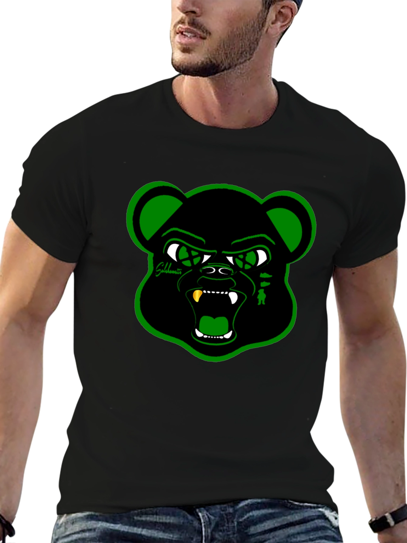 Black T-Shirt with Green Bear Graphic