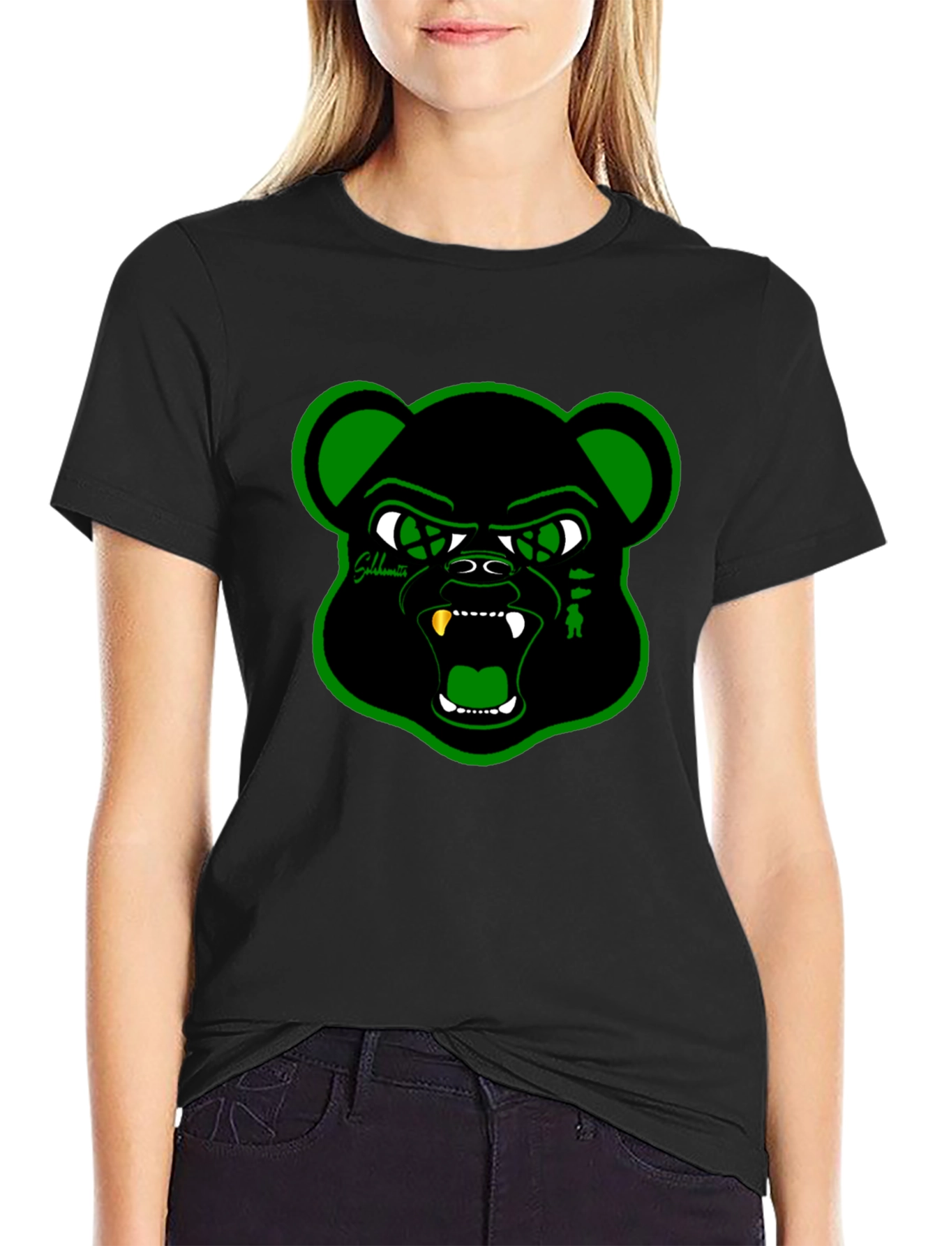 Black T-Shirt with Green Bear Graphic