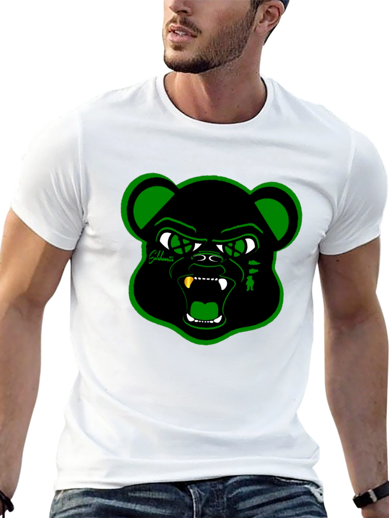 Black T-Shirt with Green Bear Graphic