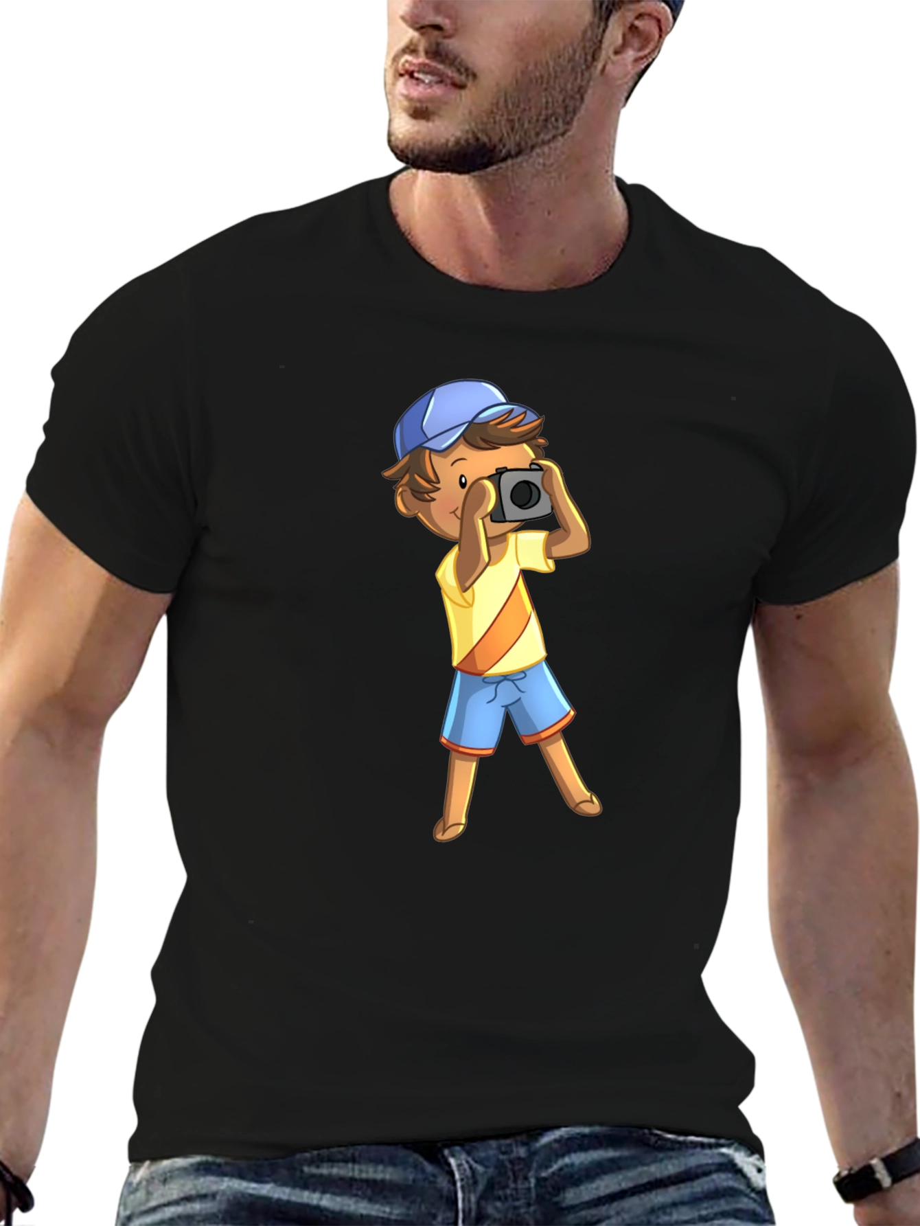Cartoon Photographer Graphic T-Shirt - Black