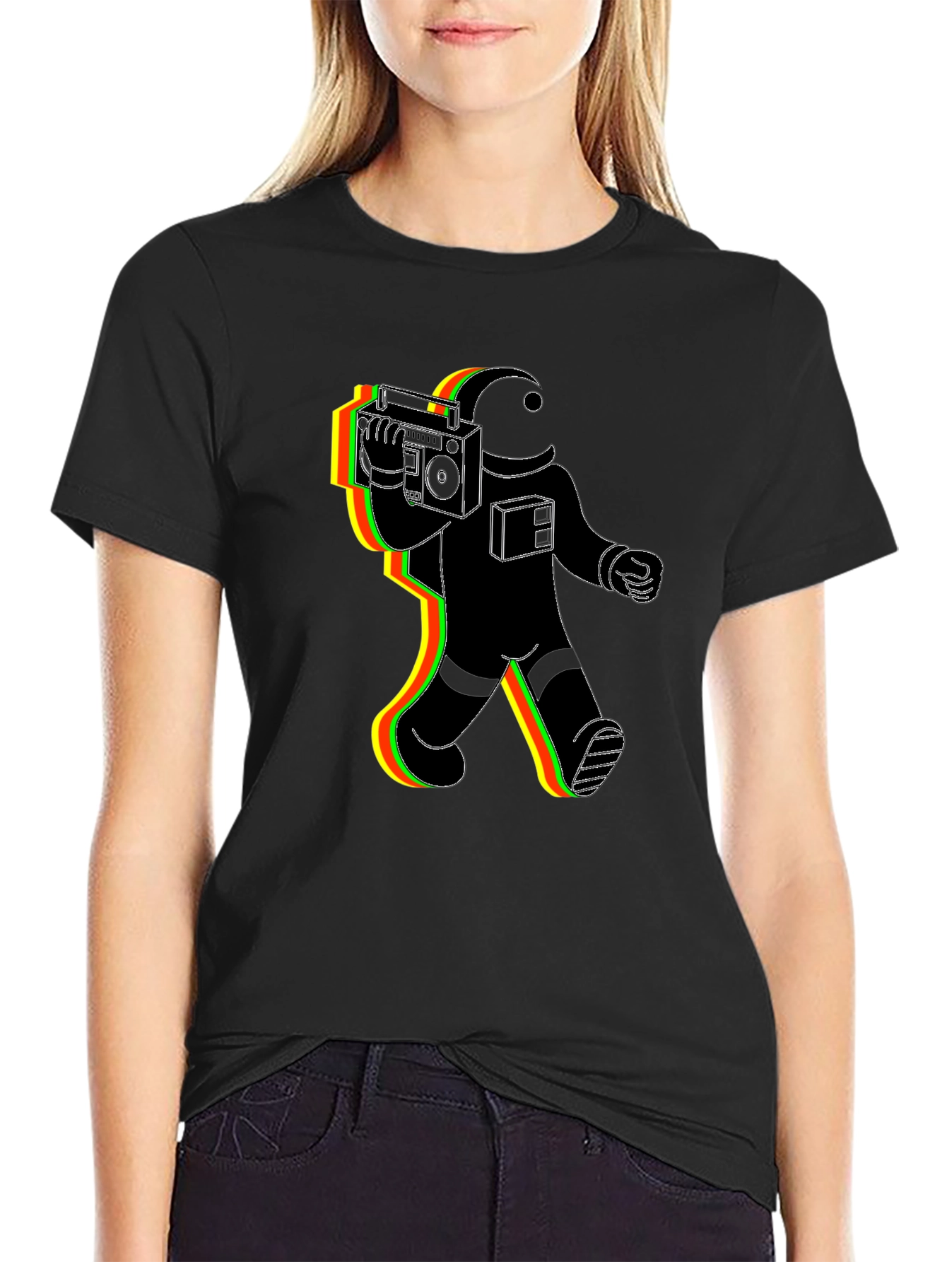 Retro Astronaut Graphic Tee - Black Cotton Blend
