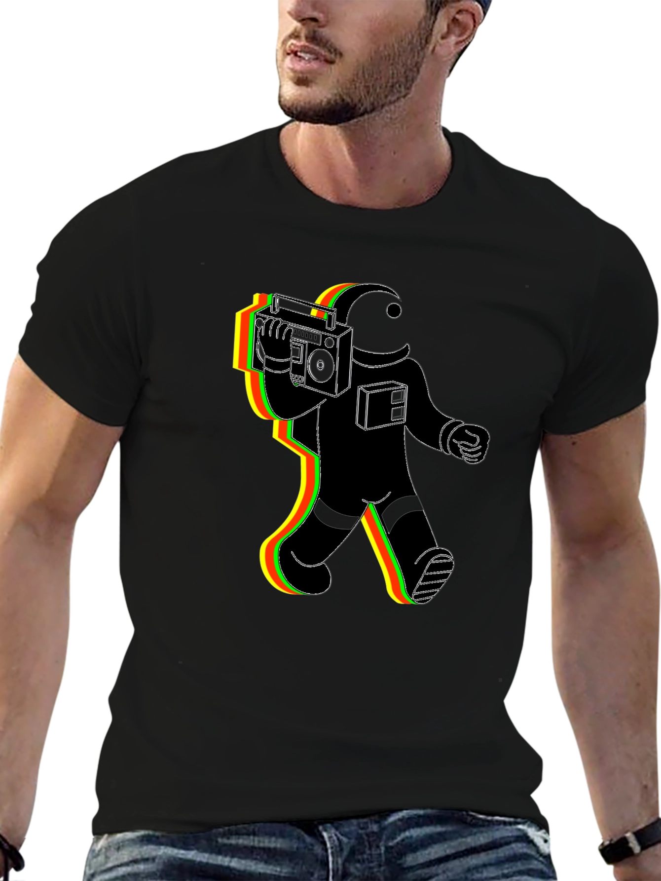 Retro Astronaut Graphic Tee - Black Cotton Blend