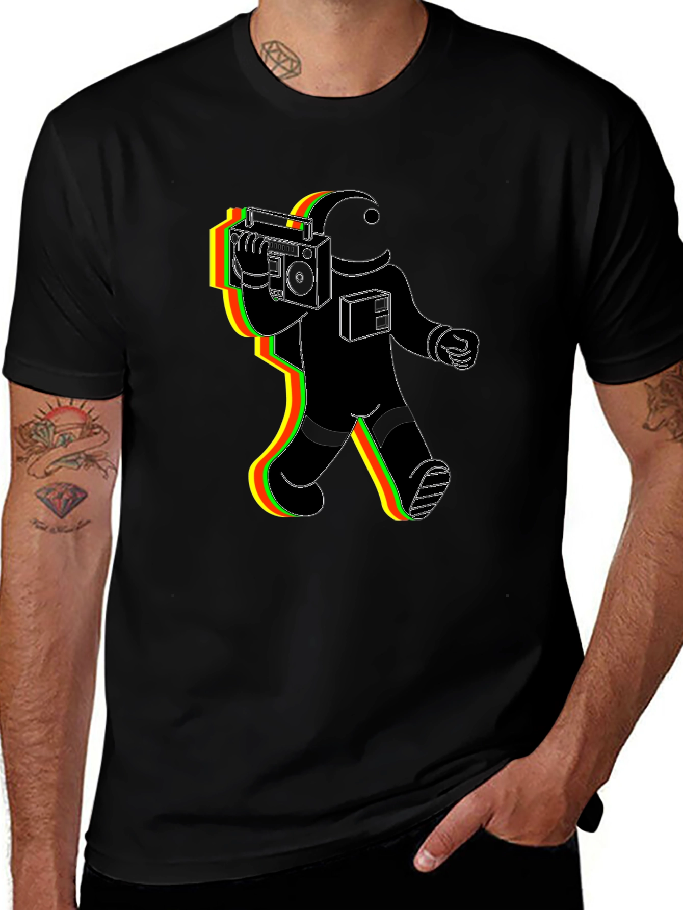 Retro Astronaut Graphic Tee - Black Cotton Blend