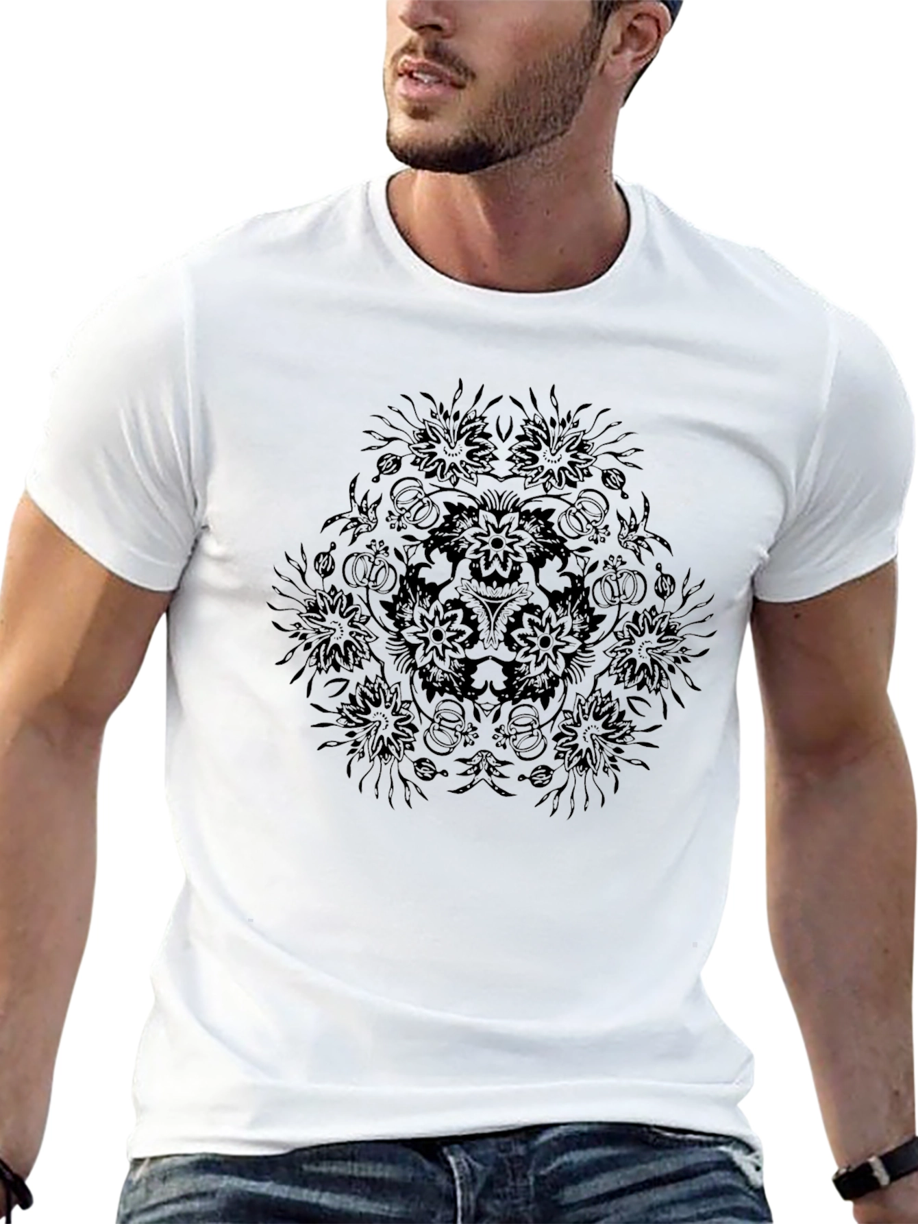 Mens Black Mandala Graphic Tee - Unique Design