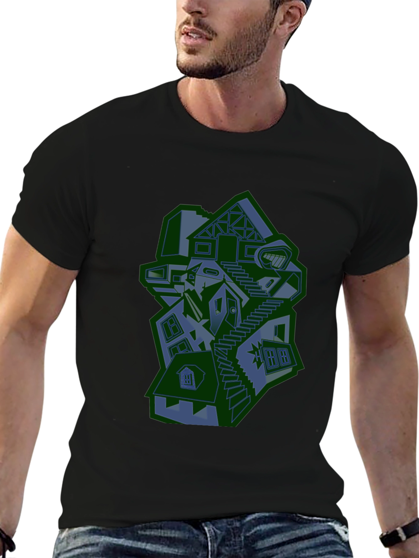 Abstract House Graphic Print Black T-Shirt