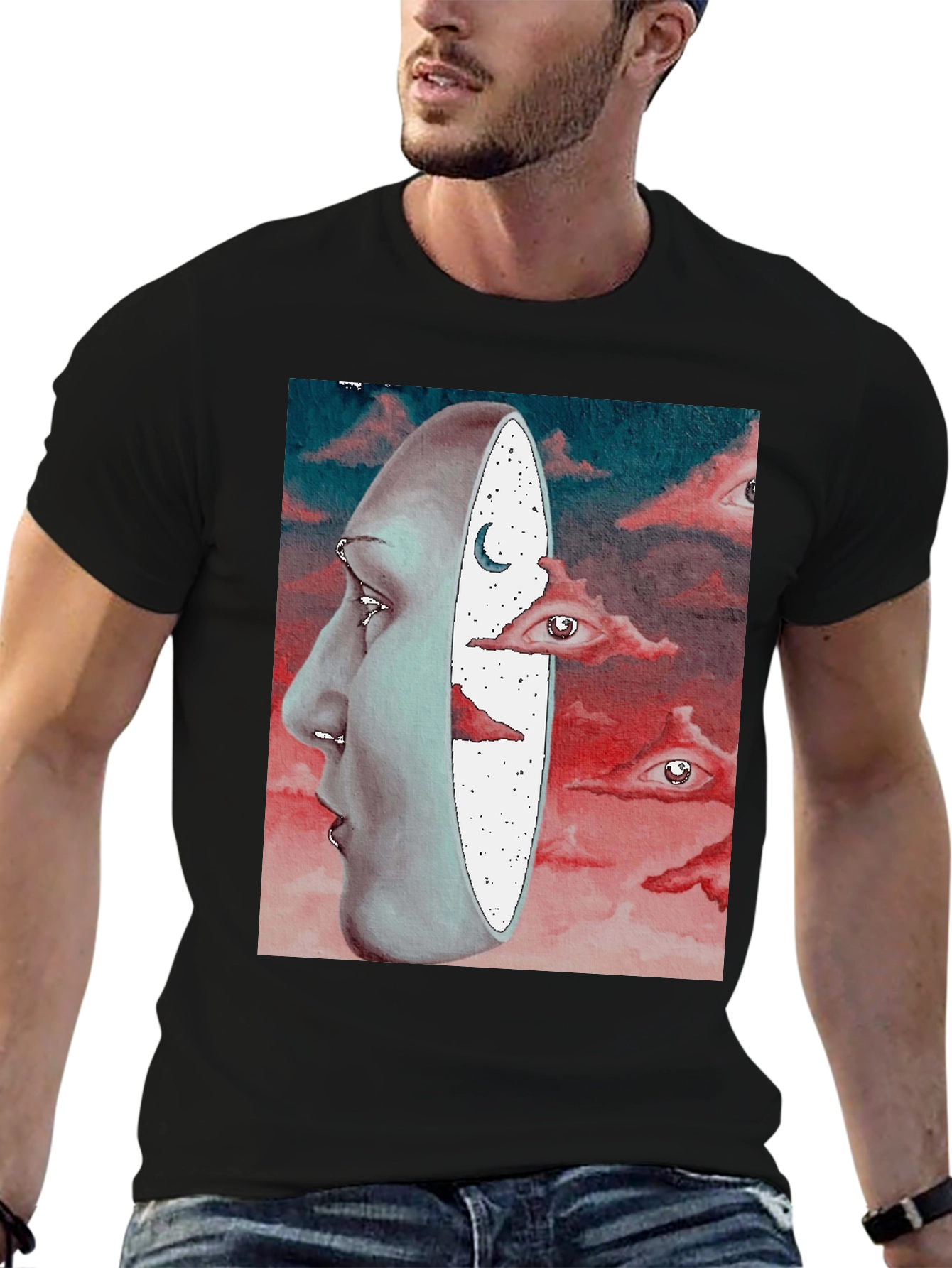 Surreal Face and Dreamscape Black Graphic Tee
