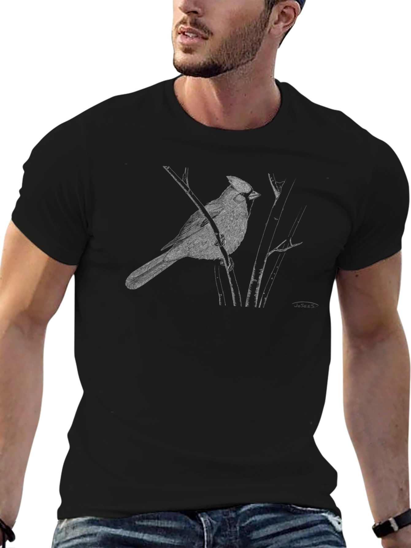 Cardinal Bird Graphic Tee - Black Cotton T-Shirt