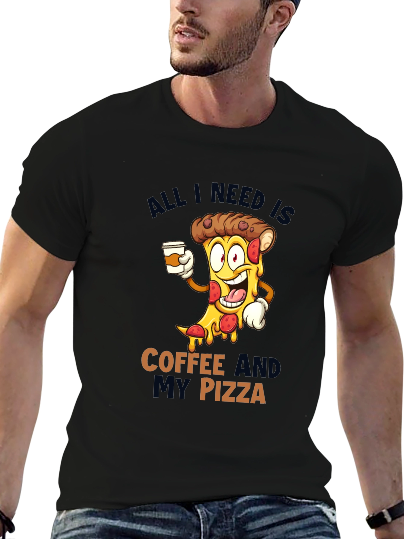 Coffee and Pizza Cartoon Black T-Shirt