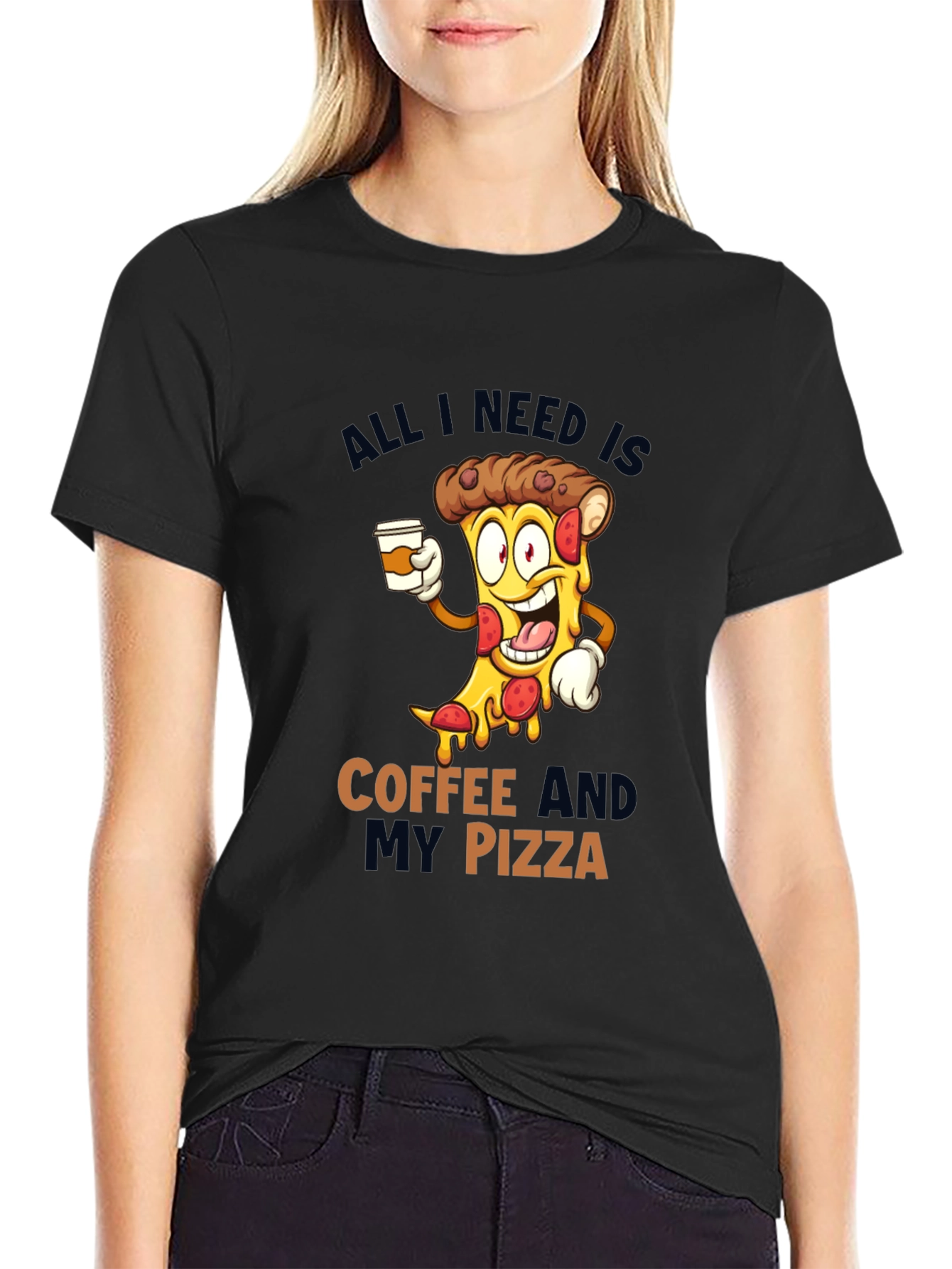 Coffee and Pizza Cartoon Black T-Shirt