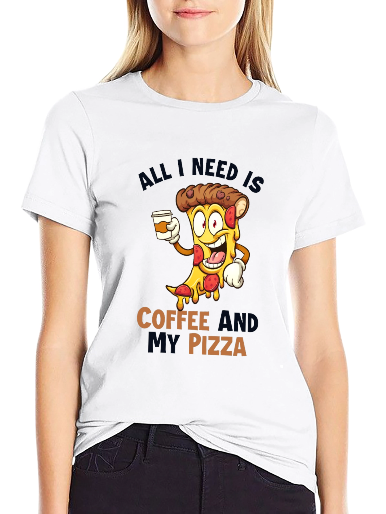 Coffee and Pizza Cartoon Black T-Shirt