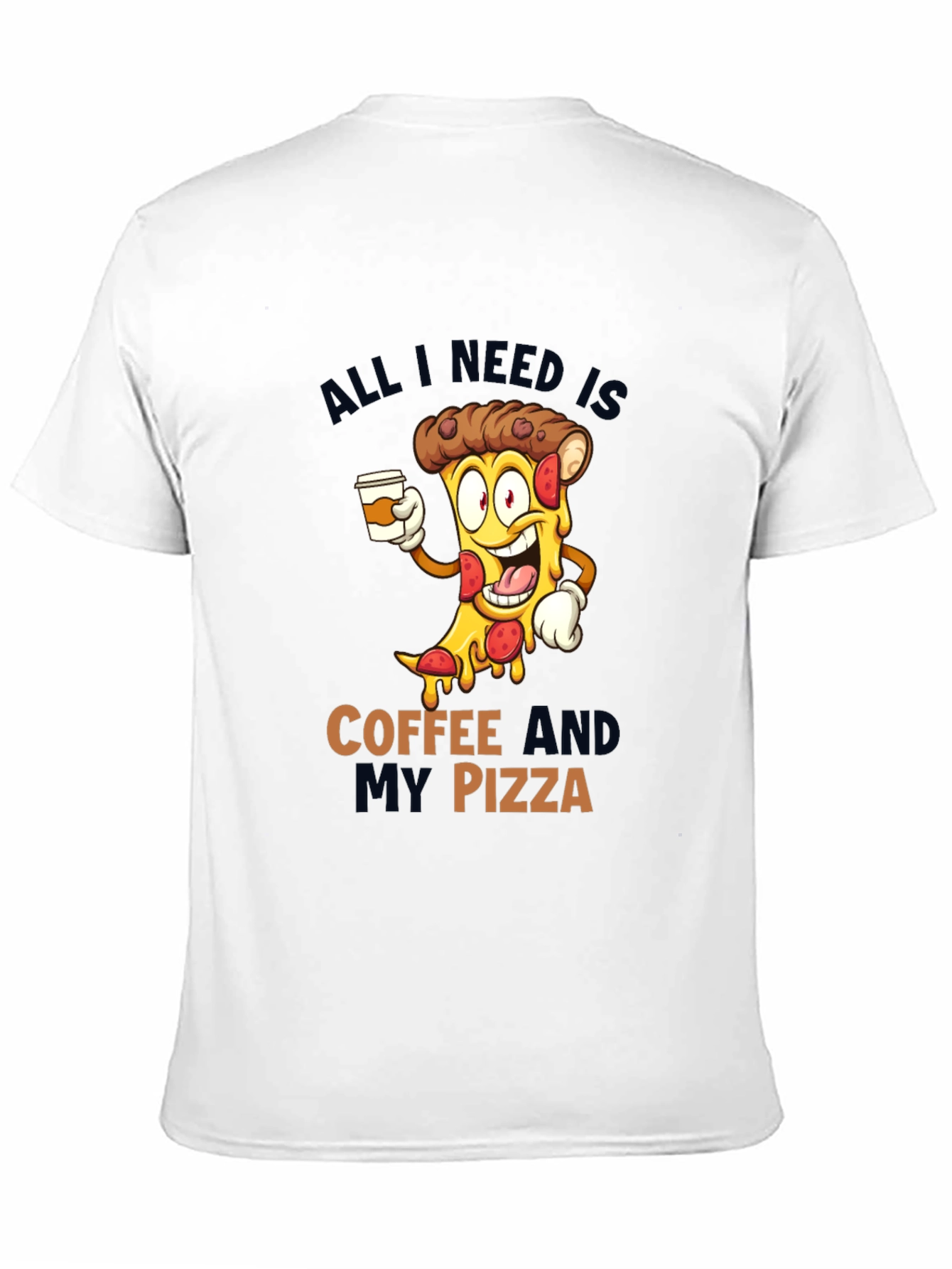 Coffee and Pizza Cartoon Black T-Shirt