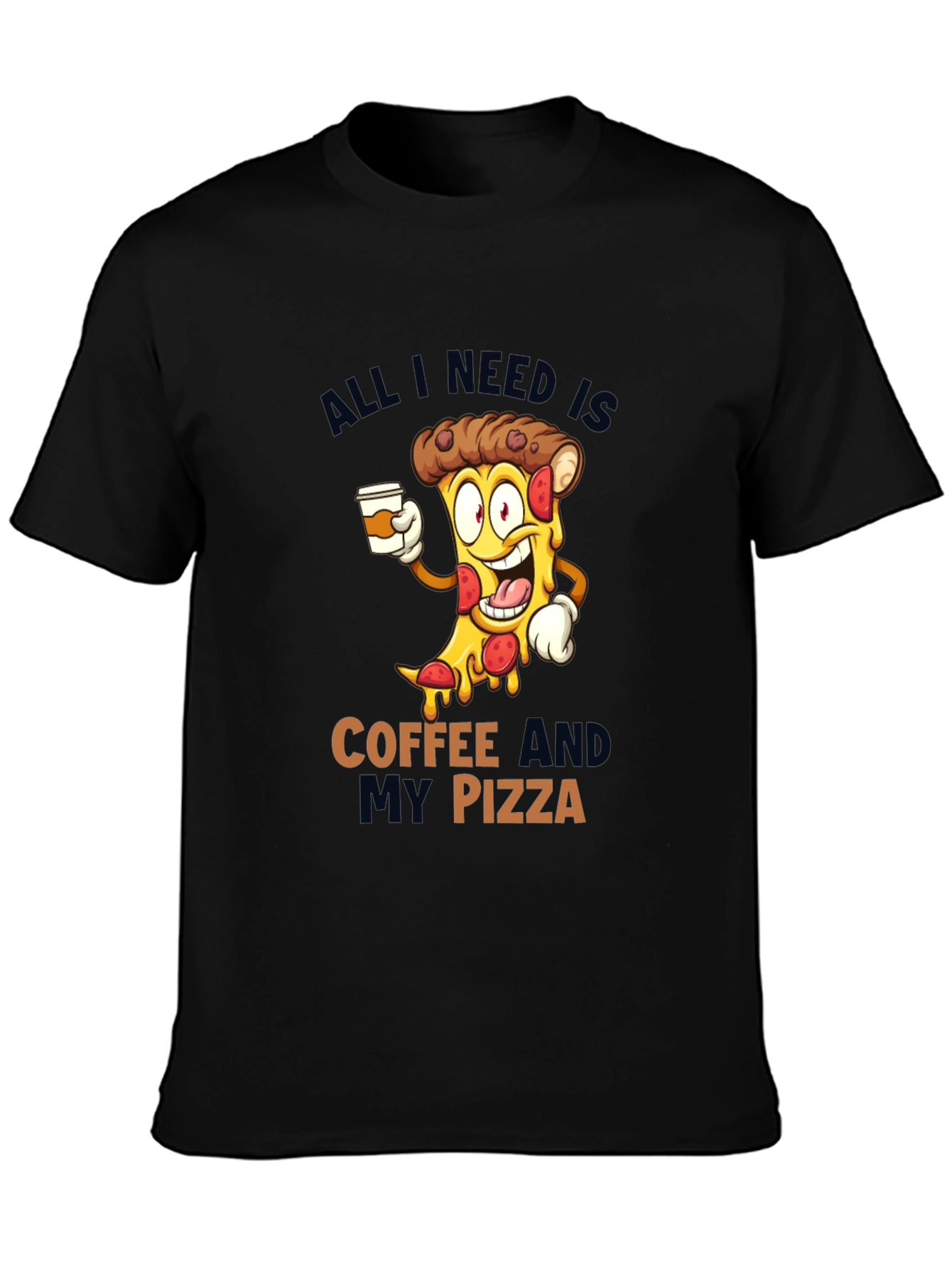 Coffee and Pizza Cartoon Black T-Shirt