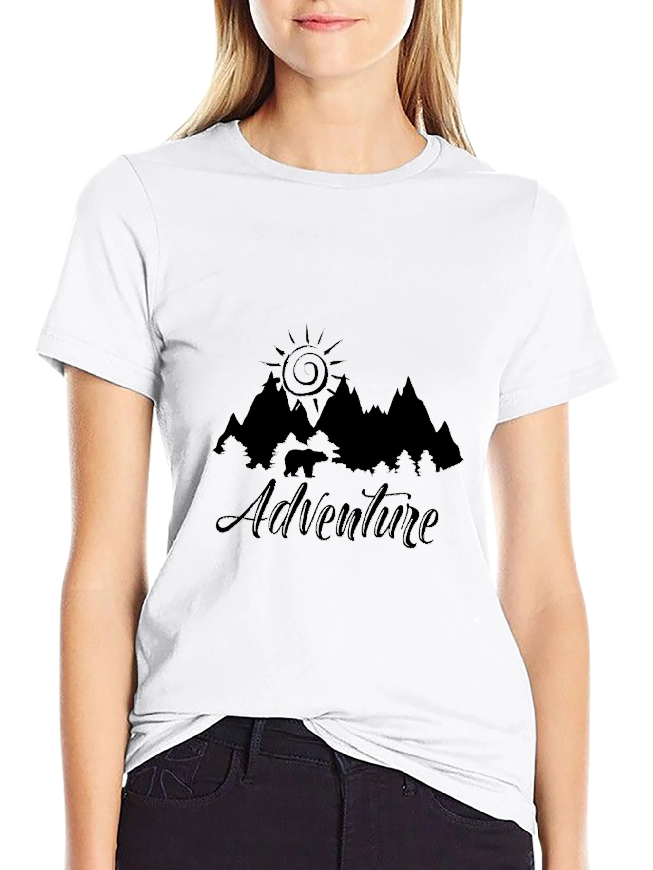 Adventure Awaits Black T-Shirt - Mountain & Sun Design