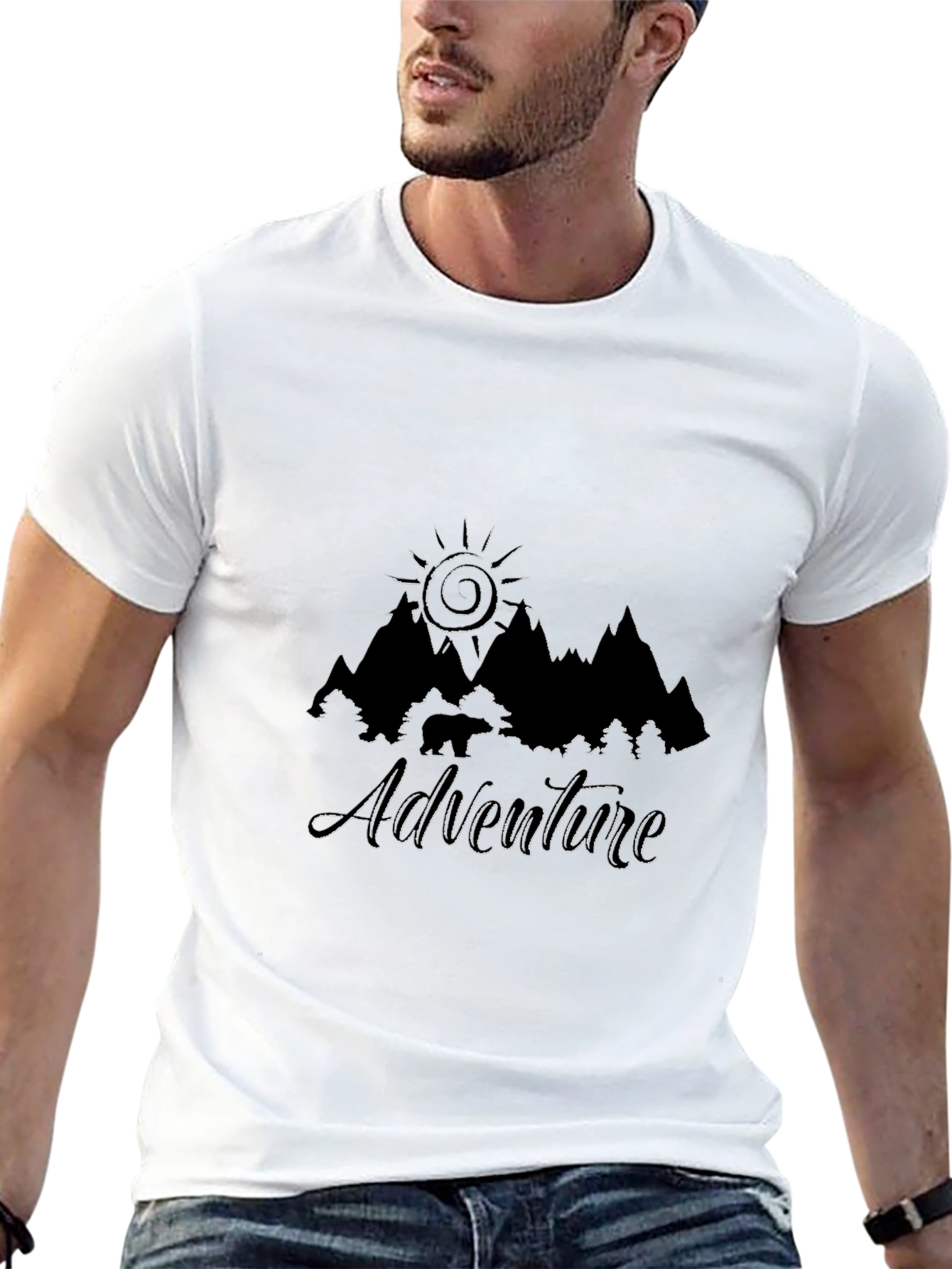 Adventure Awaits Black T-Shirt - Mountain & Sun Design