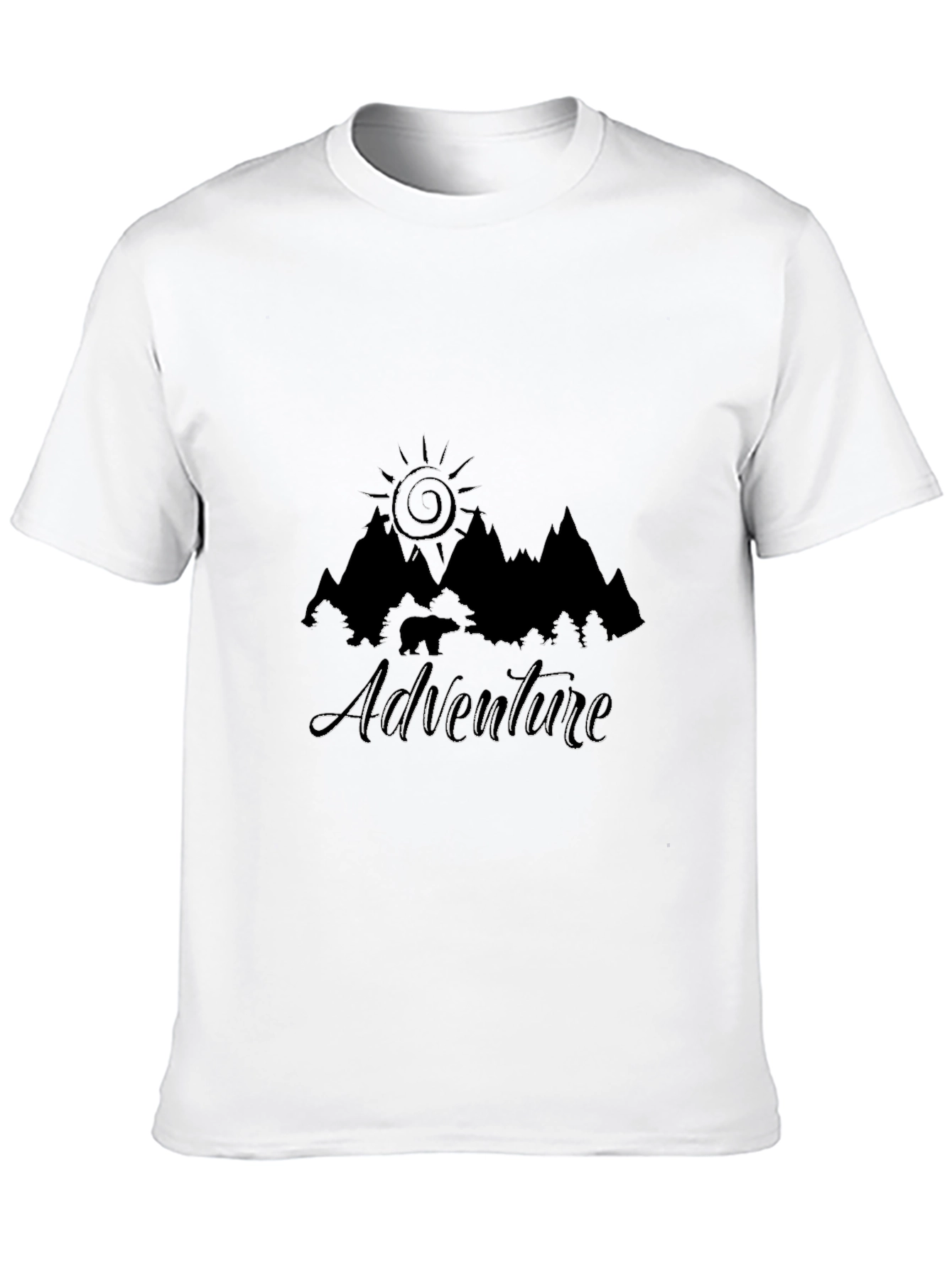 Adventure Awaits Black T-Shirt - Mountain & Sun Design