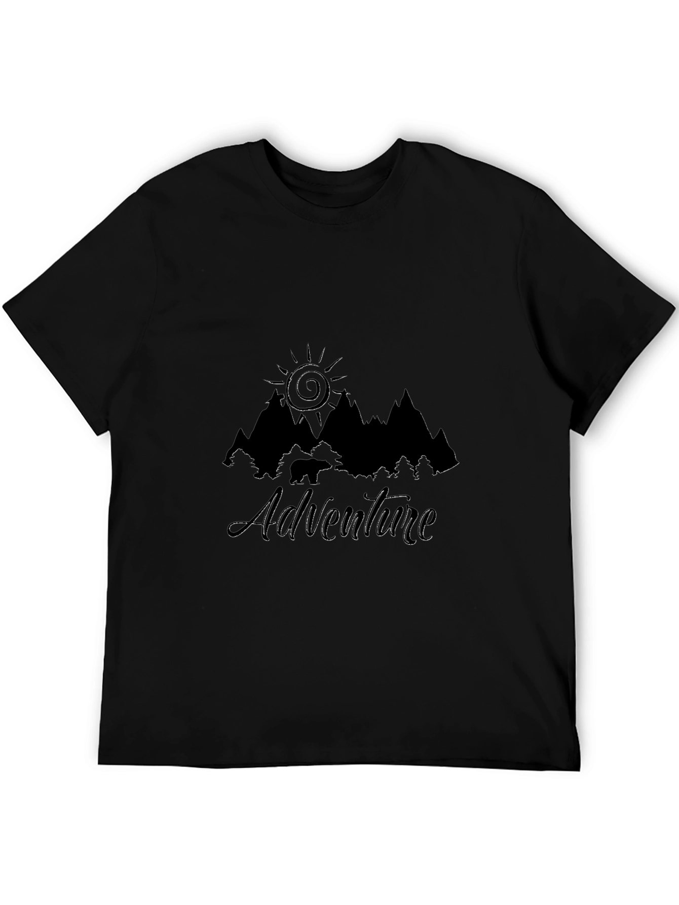 Adventure Awaits Black T-Shirt - Mountain & Sun Design
