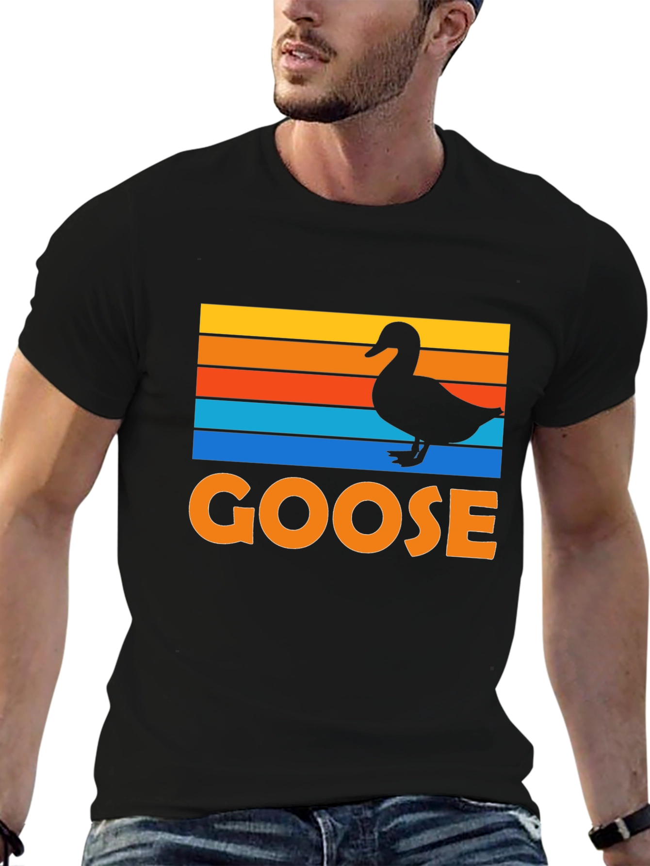 Goose Silhouette Retro Striped Graphic T-Shirt