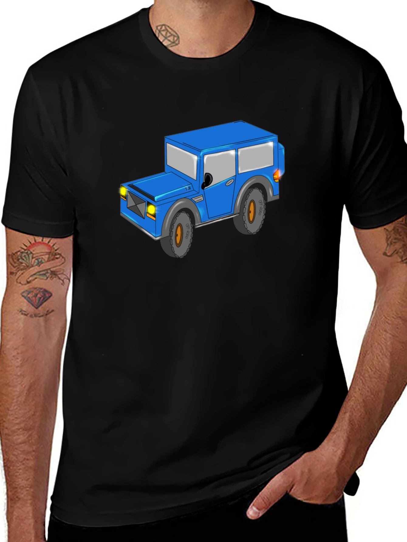 Blue Cartoon Jeep Black T-Shirt