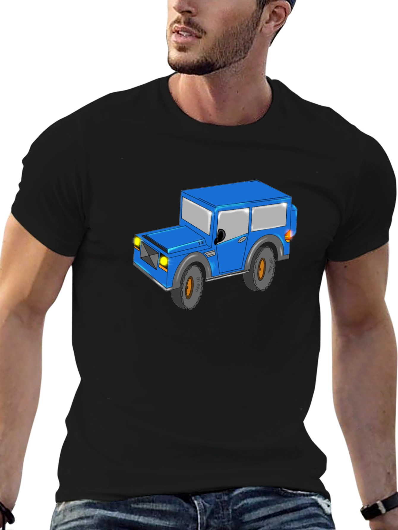 Blue Cartoon Jeep Black T-Shirt