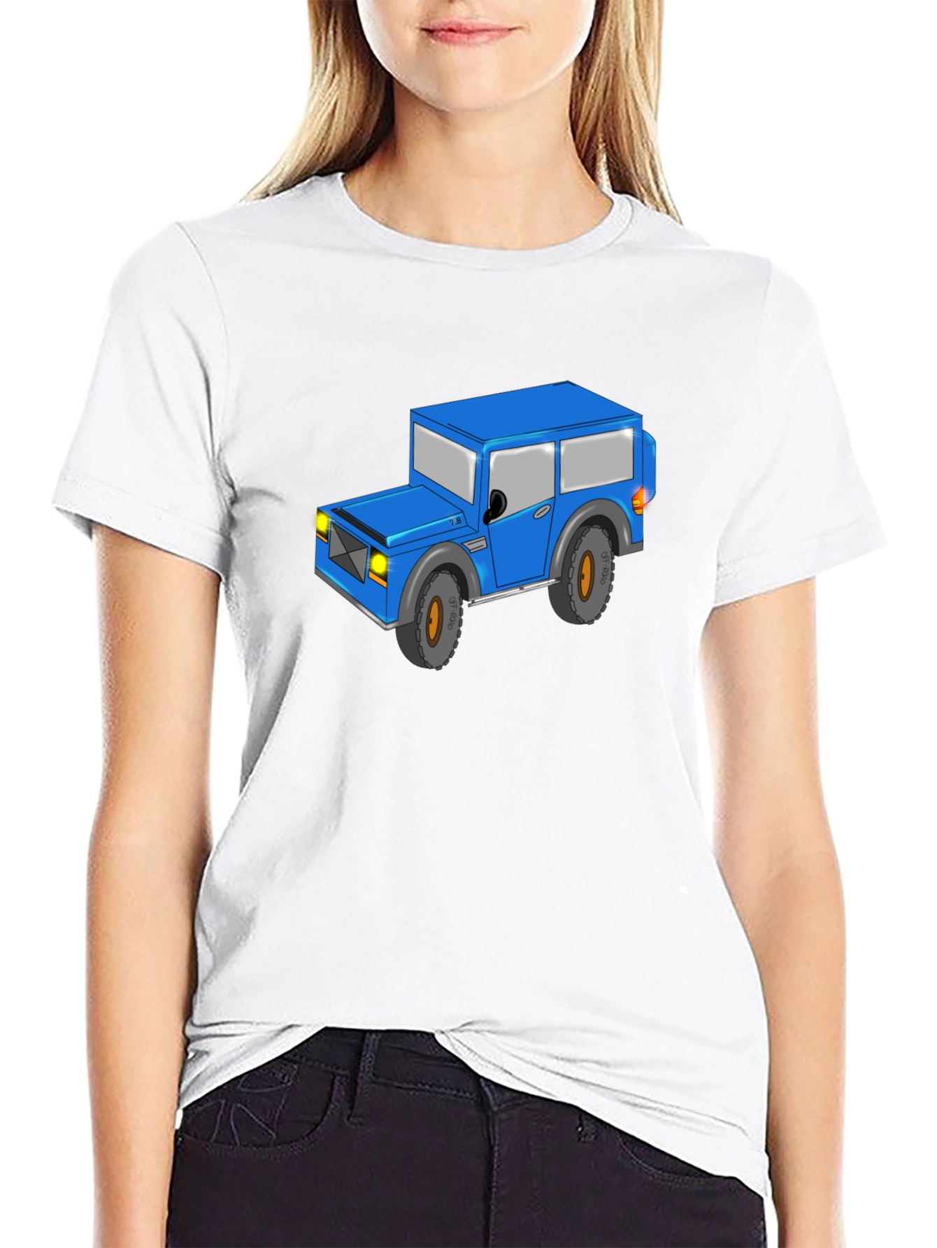 Blue Cartoon Jeep Black T-Shirt