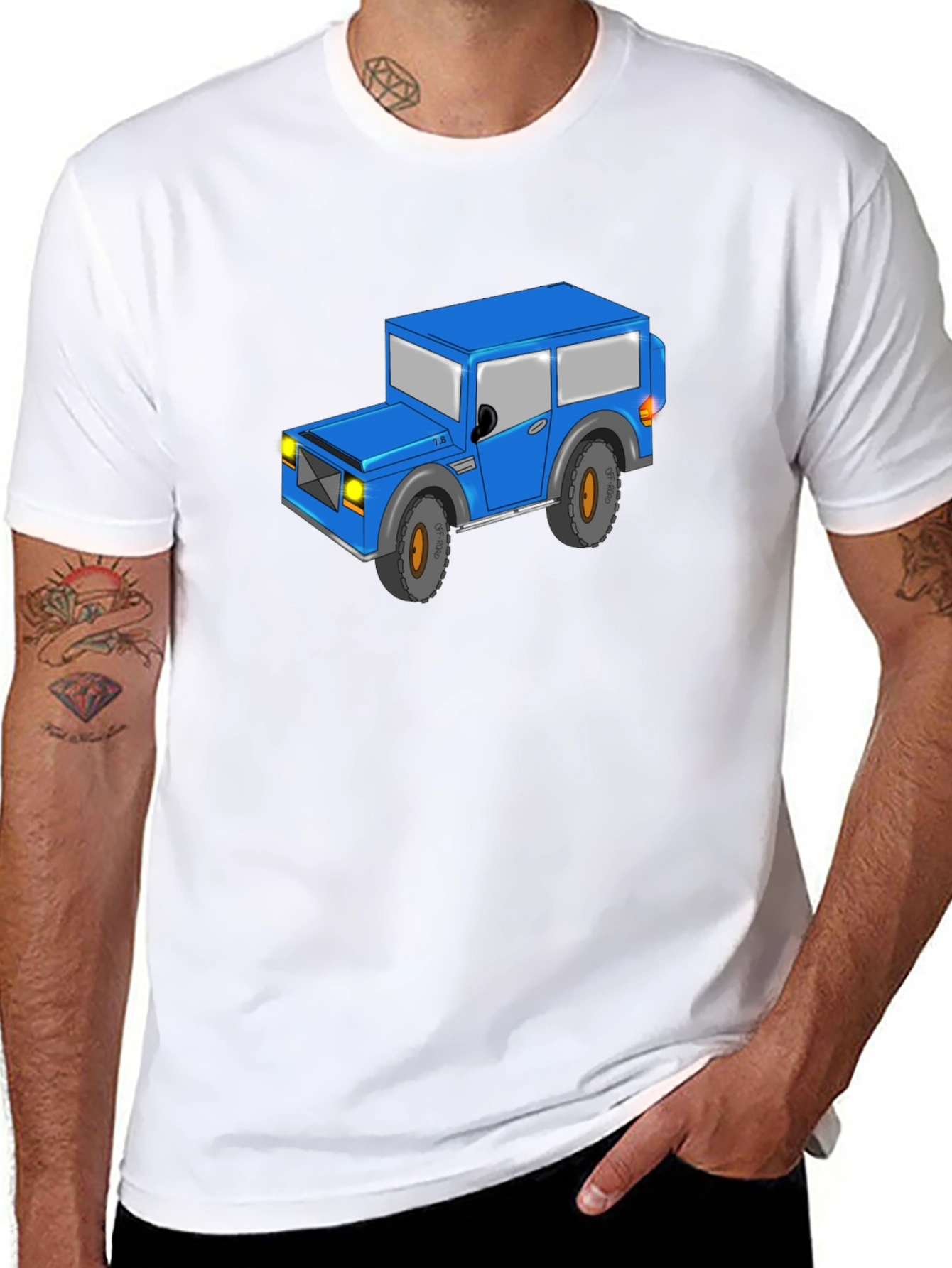 Blue Cartoon Jeep Black T-Shirt