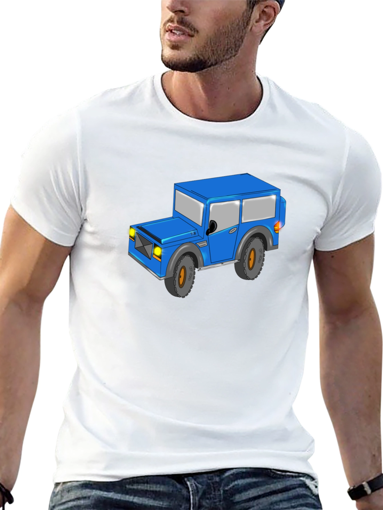 Blue Cartoon Jeep Black T-Shirt