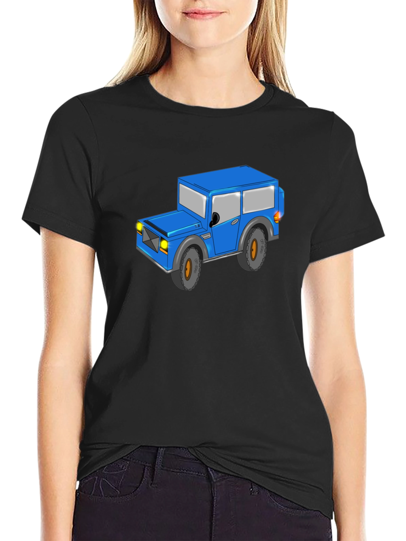 Blue Cartoon Jeep Black T-Shirt