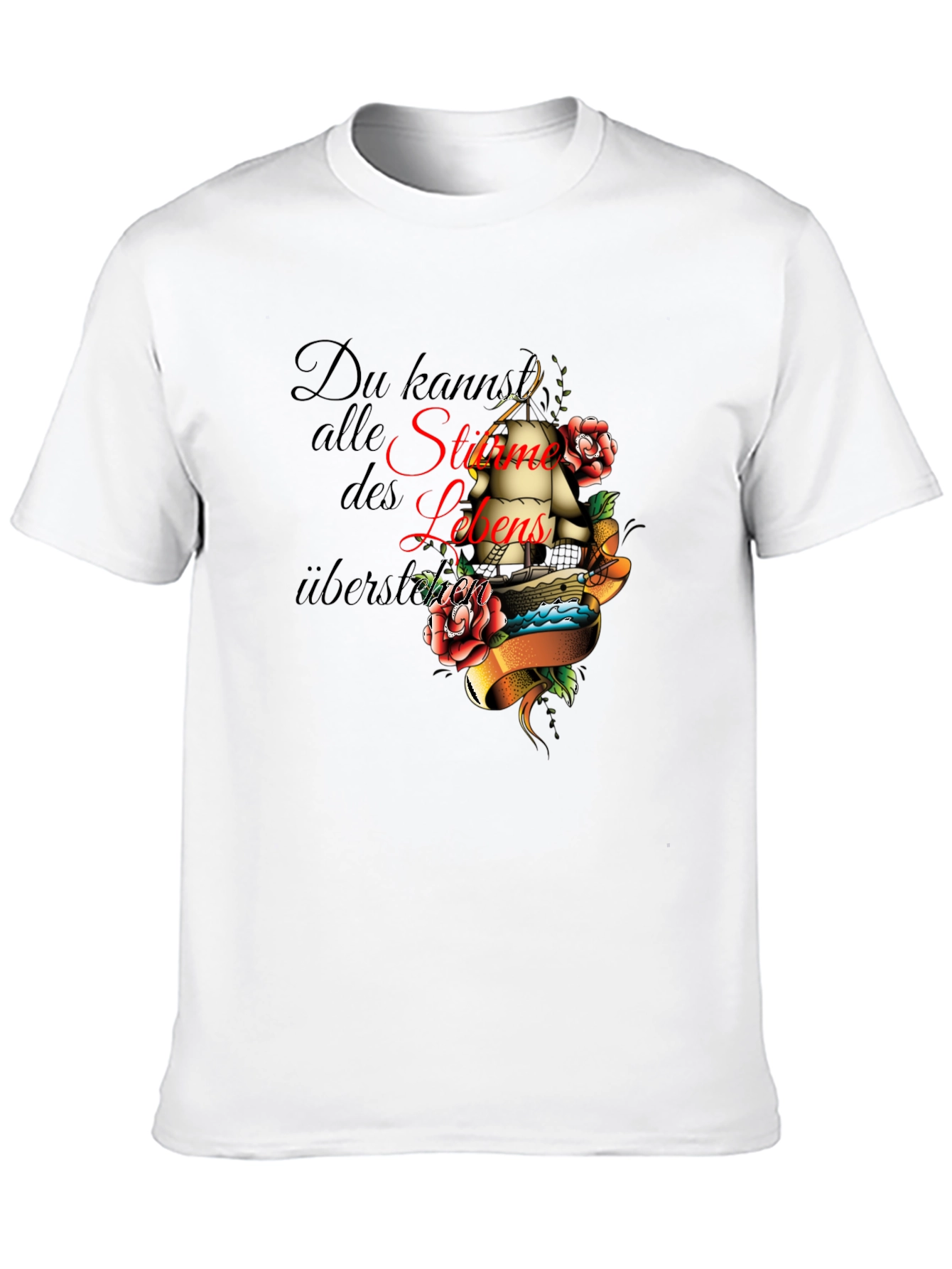Mens Black T-Shirt with Inspirational Ship Tattoo Design