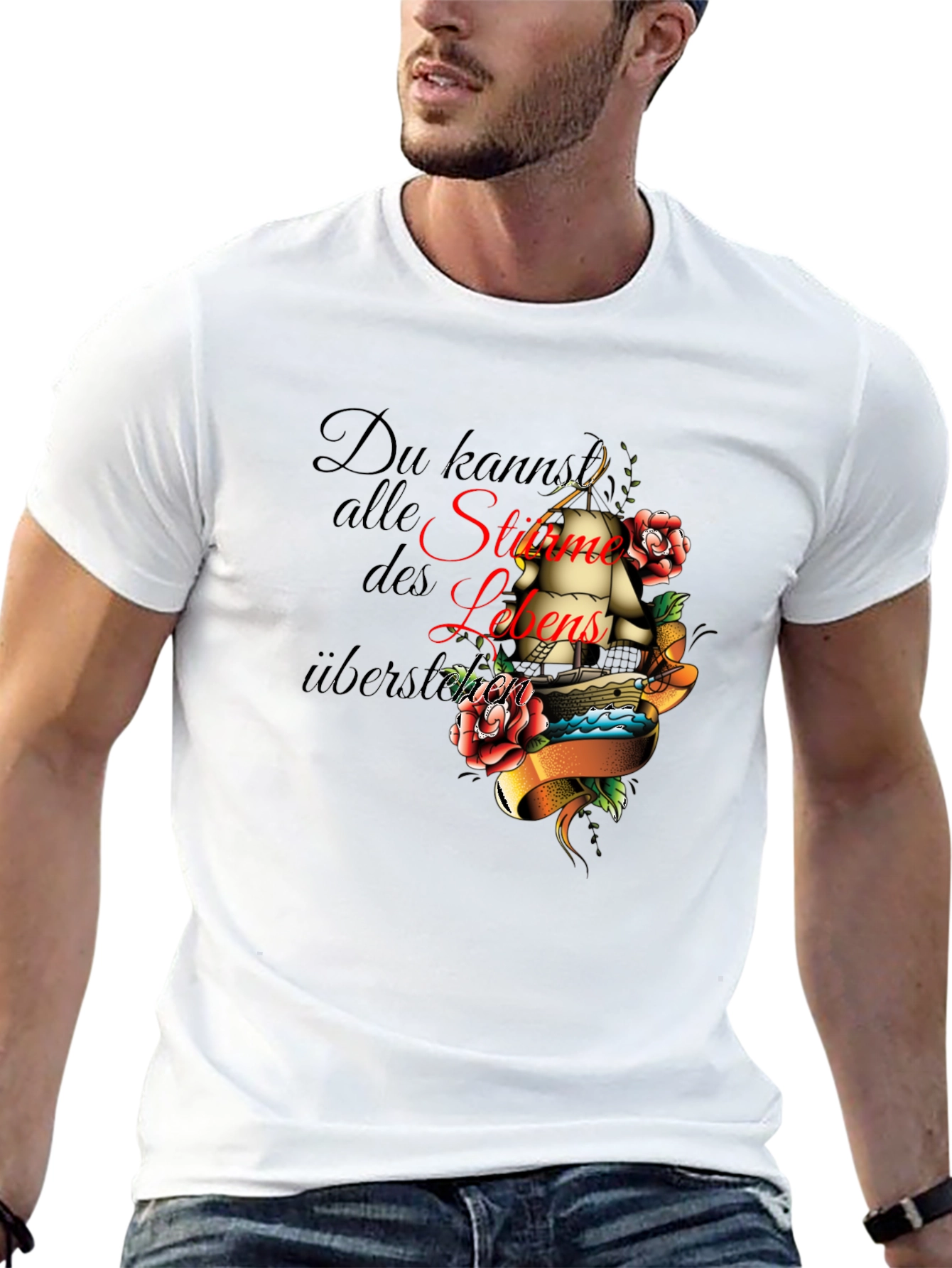 Mens Black T-Shirt with Inspirational Ship Tattoo Design