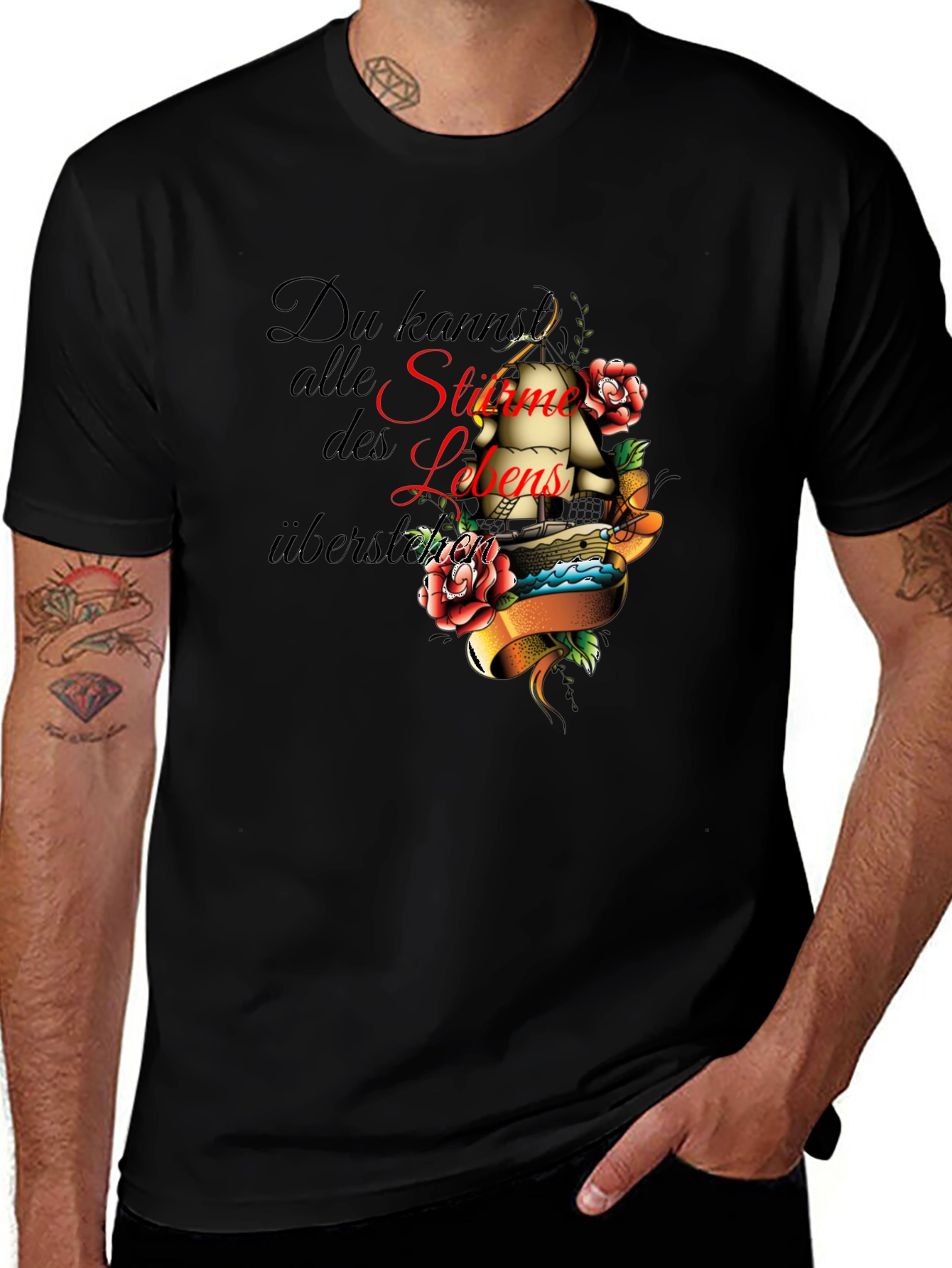 Mens Black T-Shirt with Inspirational Ship Tattoo Design