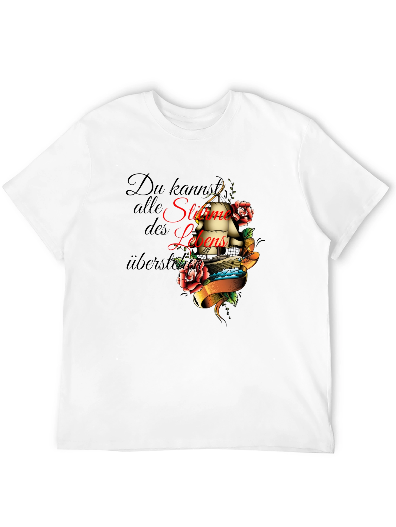 Mens Black T-Shirt with Inspirational Ship Tattoo Design