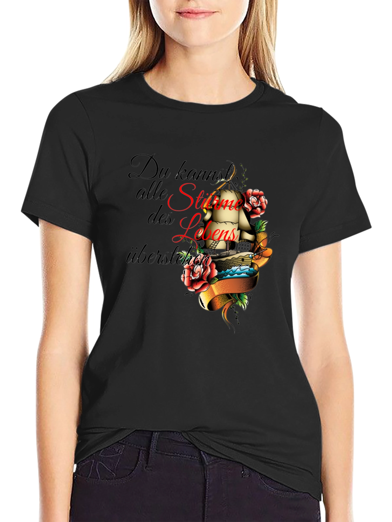 Mens Black T-Shirt with Inspirational Ship Tattoo Design