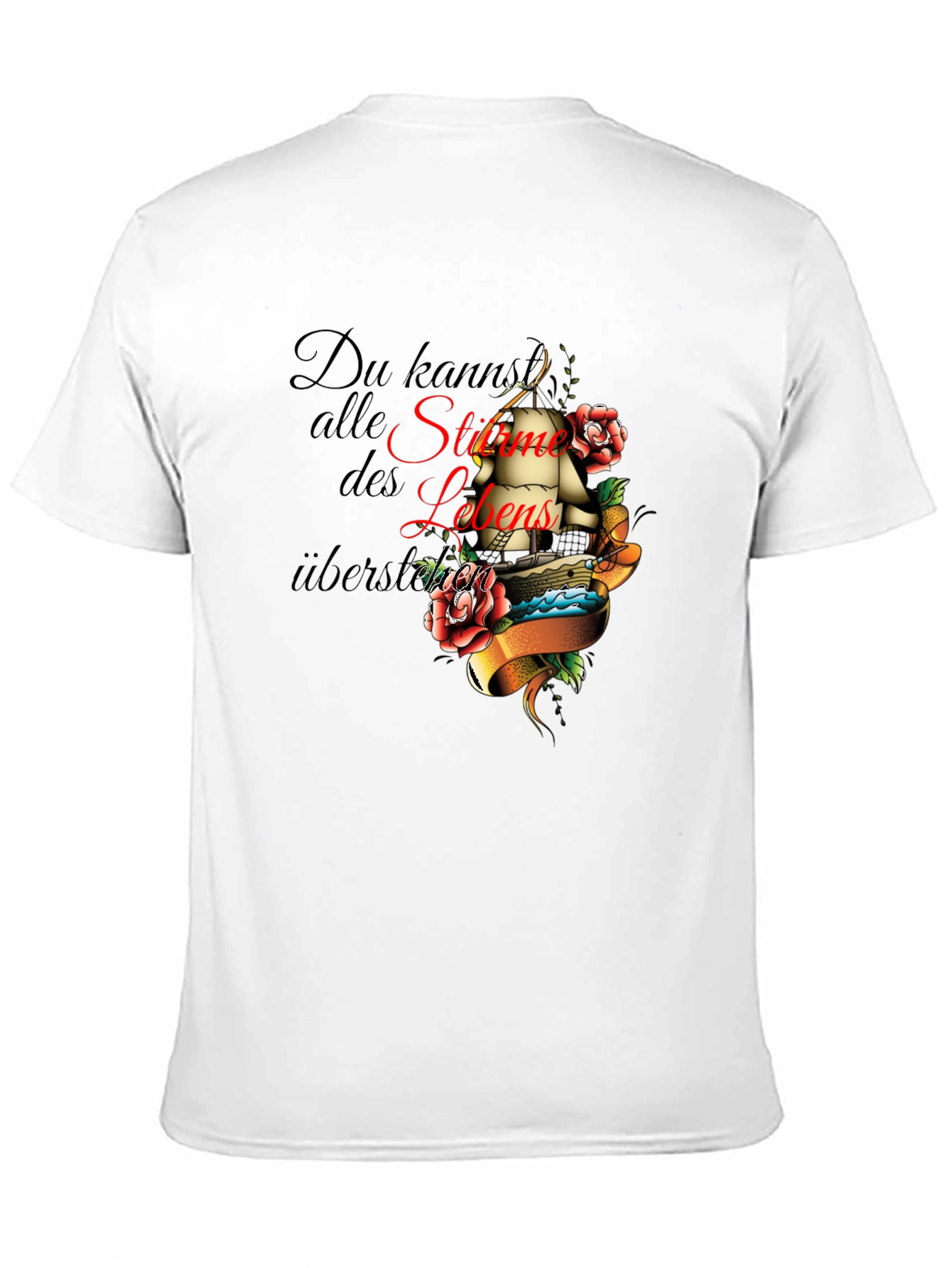 Mens Black T-Shirt with Inspirational Ship Tattoo Design