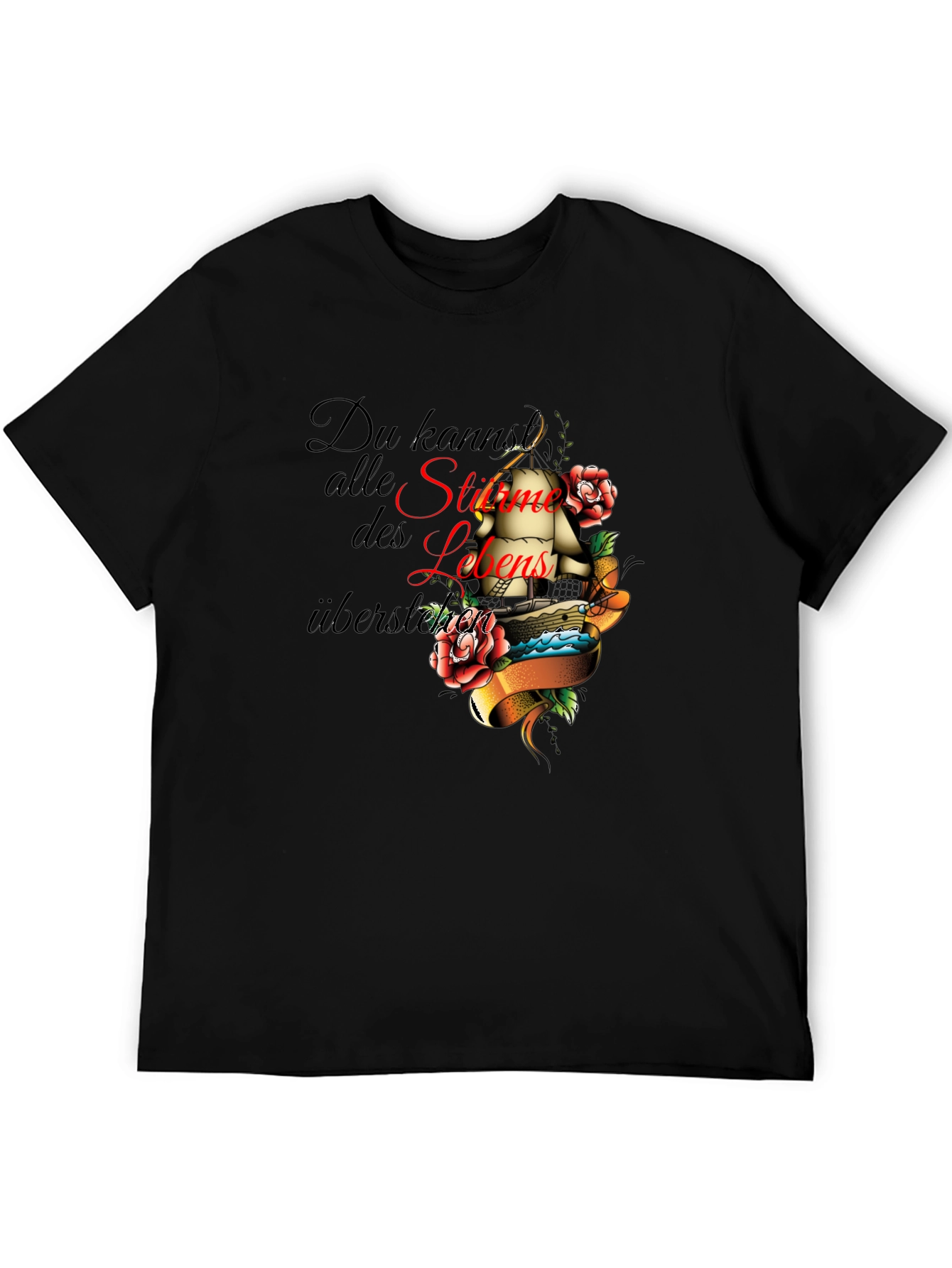 Mens Black T-Shirt with Inspirational Ship Tattoo Design