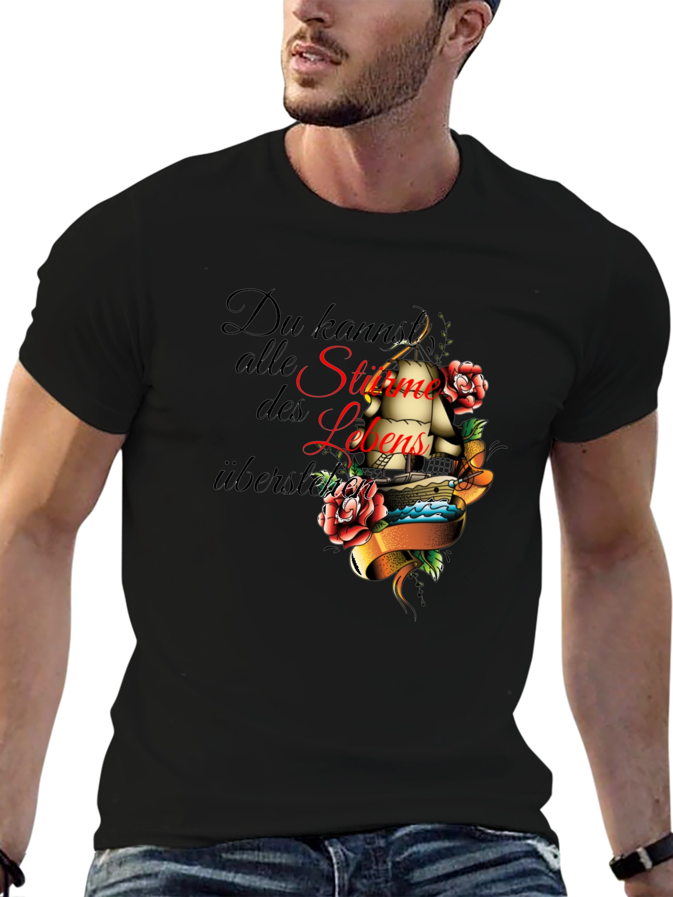 Mens Black T-Shirt with Inspirational Ship Tattoo Design