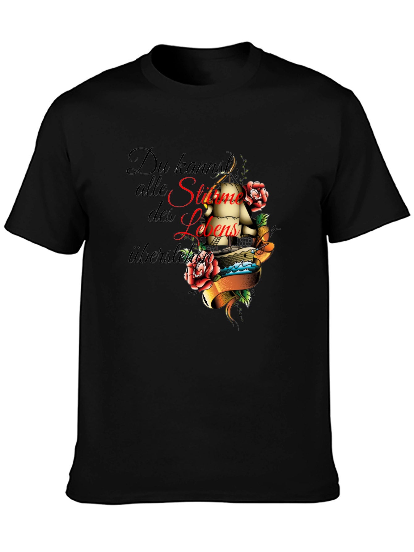 Mens Black T-Shirt with Inspirational Ship Tattoo Design