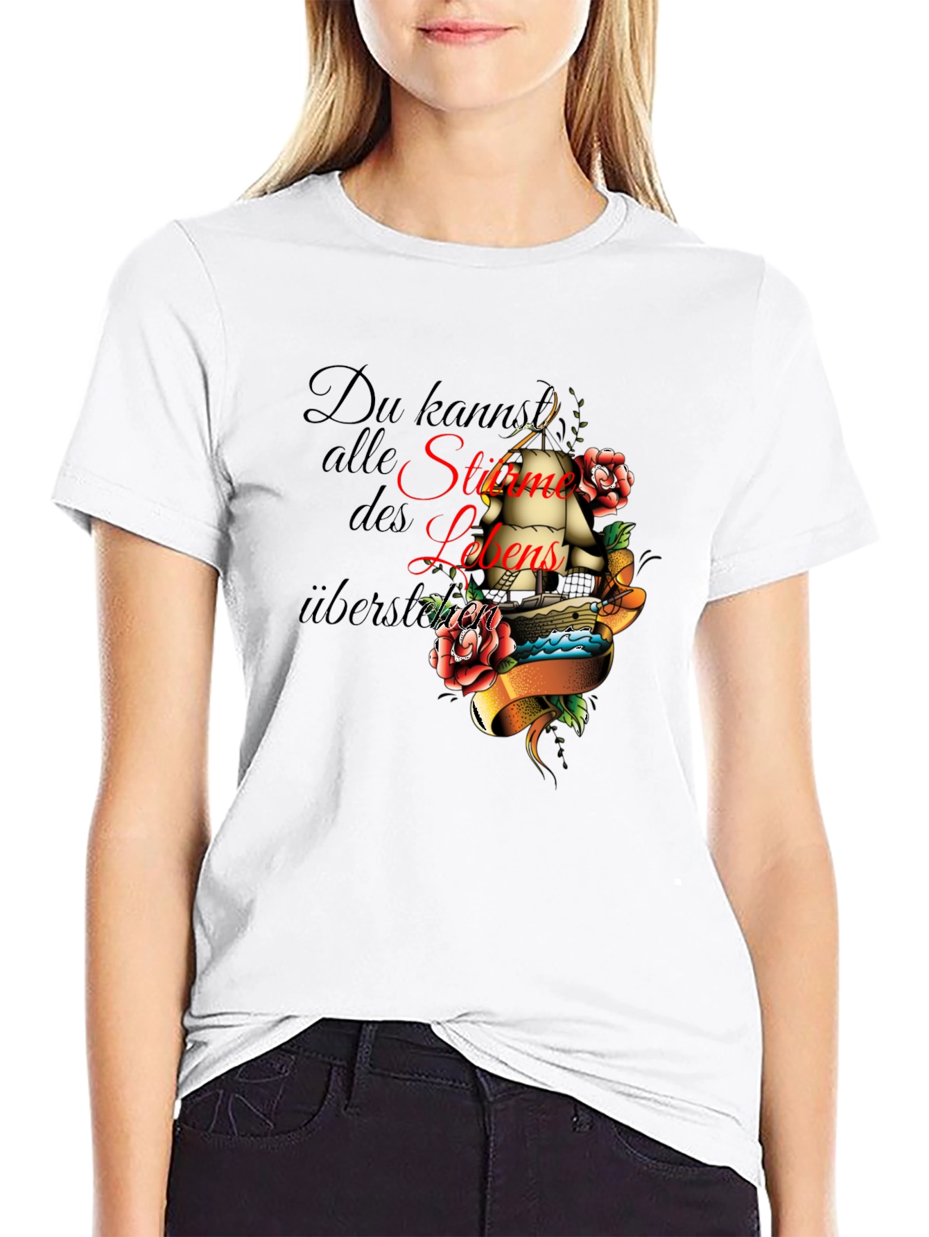 Mens Black T-Shirt with Inspirational Ship Tattoo Design