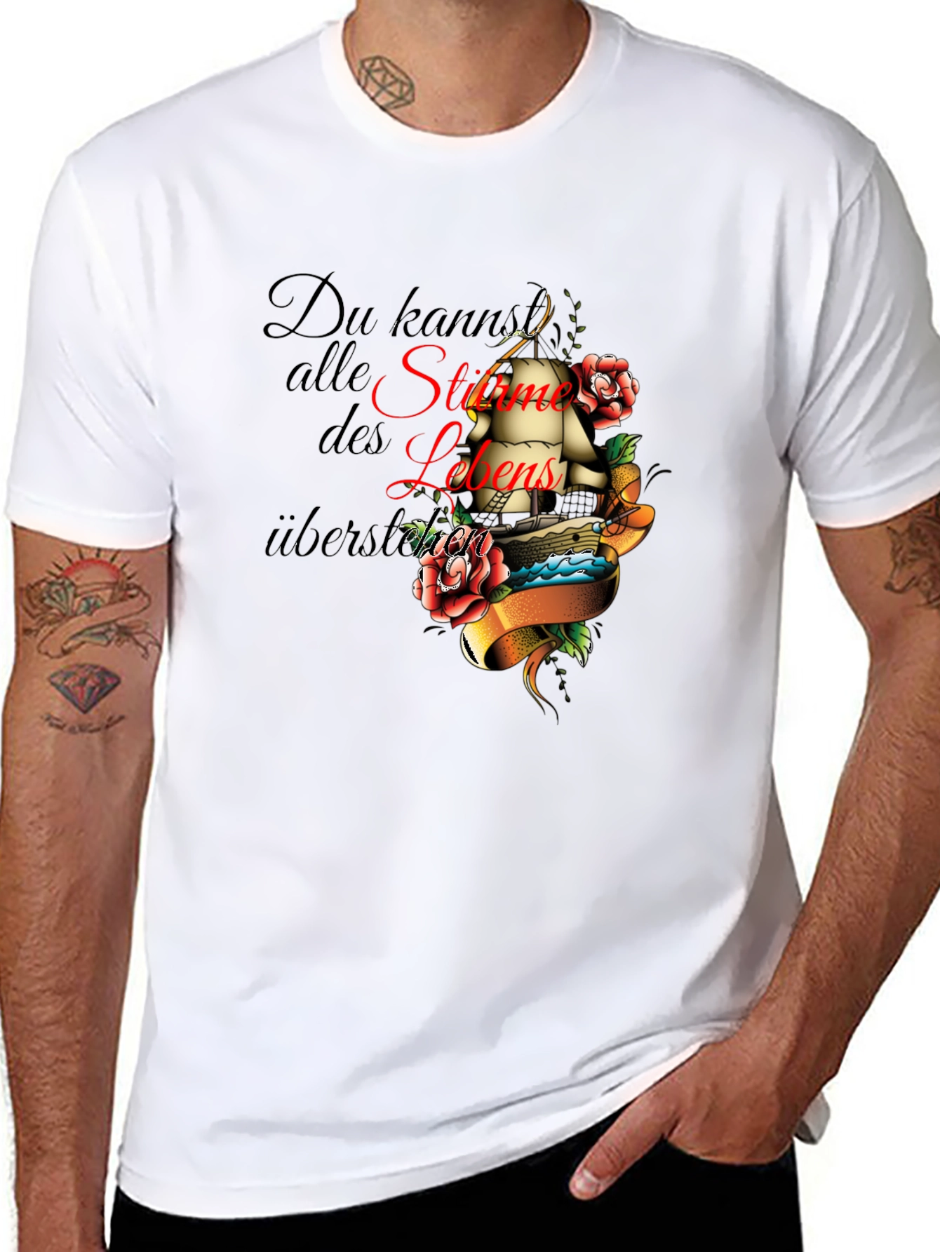 Mens Black T-Shirt with Inspirational Ship Tattoo Design
