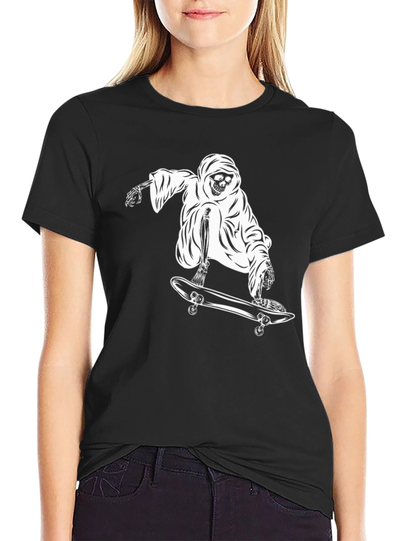 Grim Reaper Skateboarder Graphic T-Shirt - Black