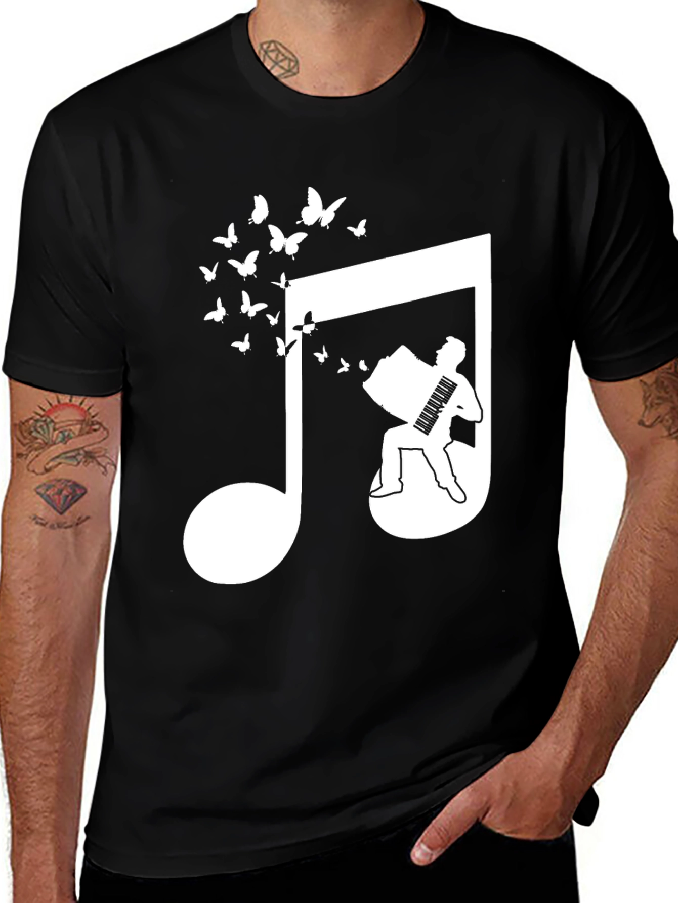 Musical Note Accordion Butterflies Black T-Shirt