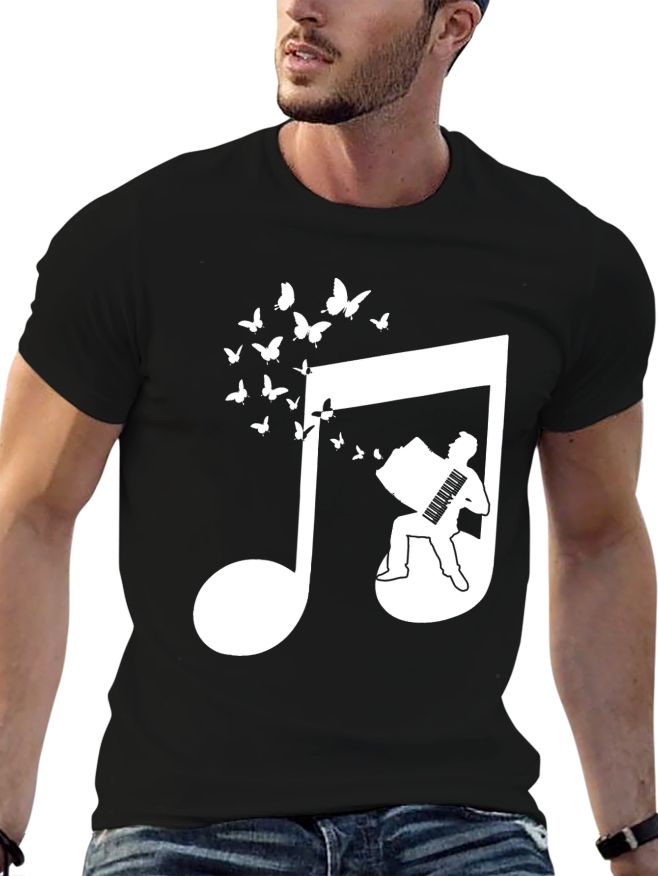 Musical Note Accordion Butterflies Black T-Shirt