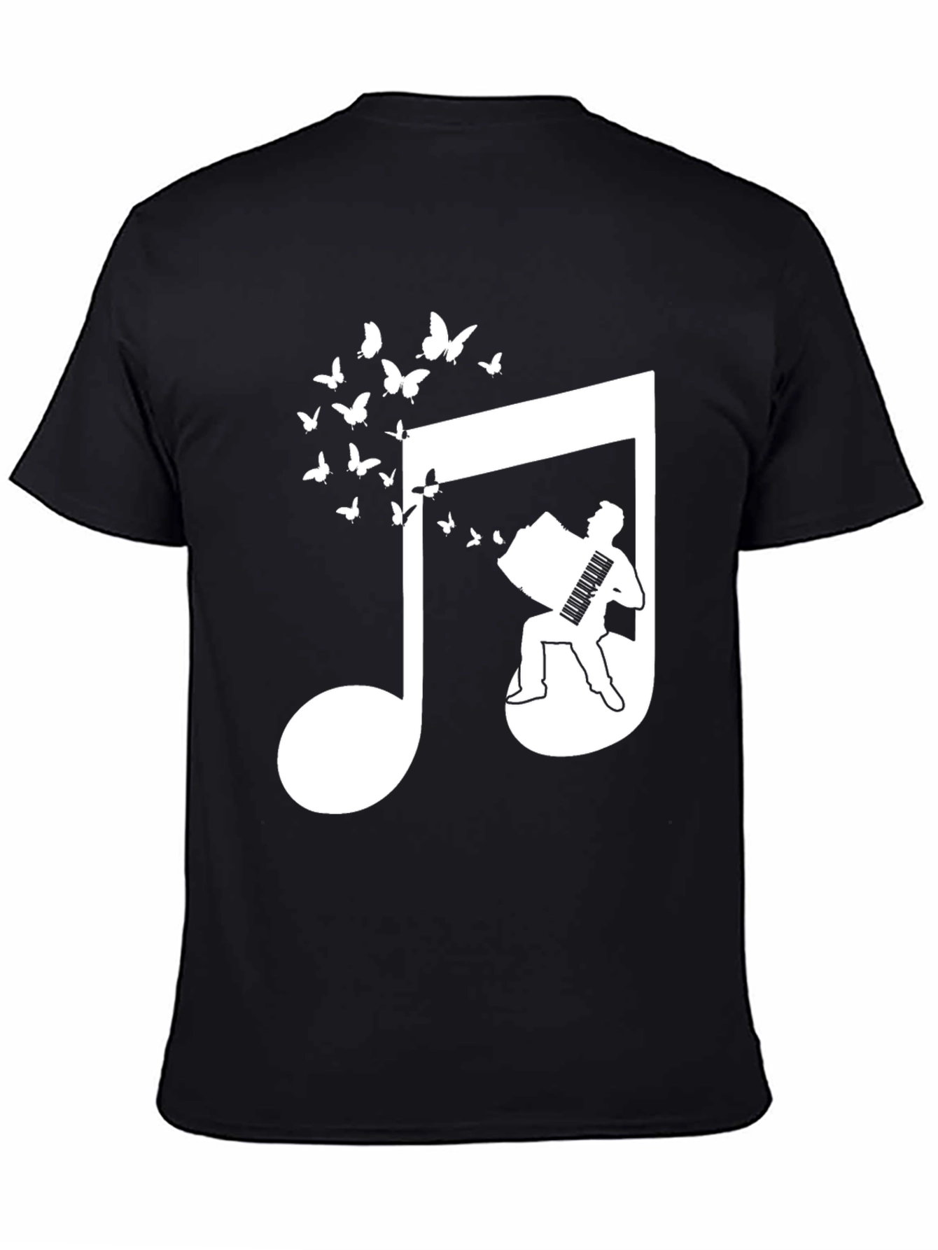 Musical Note Accordion Butterflies Black T-Shirt