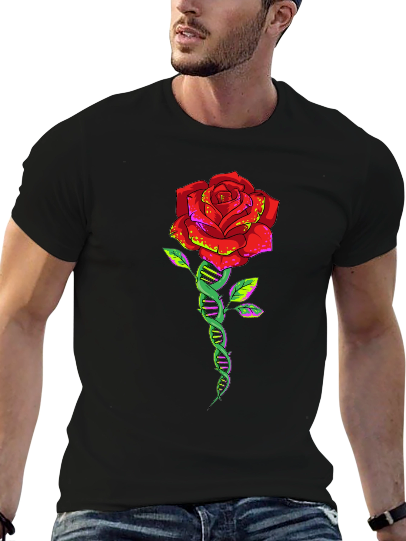 DNA Rose Graphic Tee - Black Cotton T-Shirt