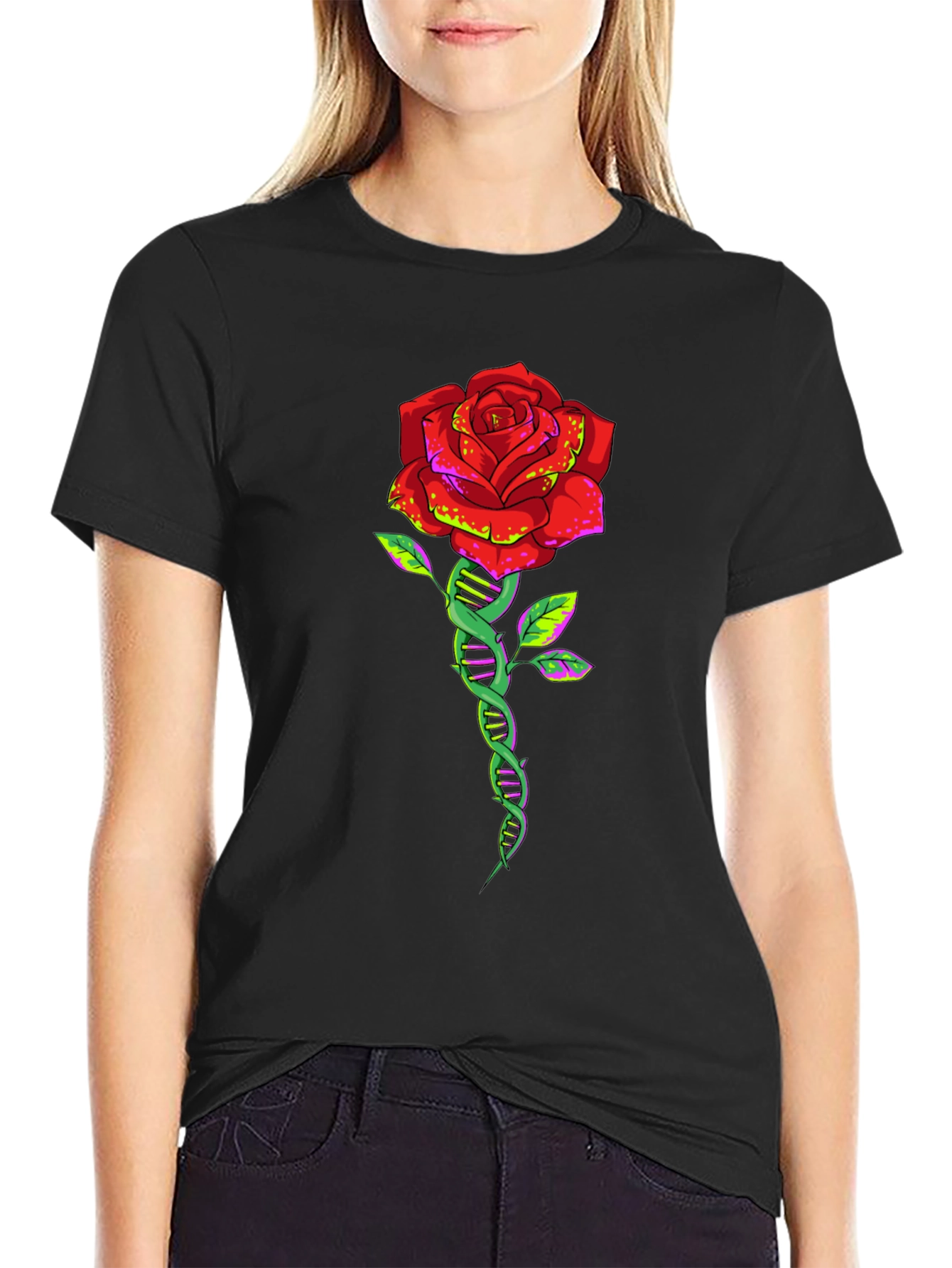 DNA Rose Graphic Tee - Black Cotton T-Shirt