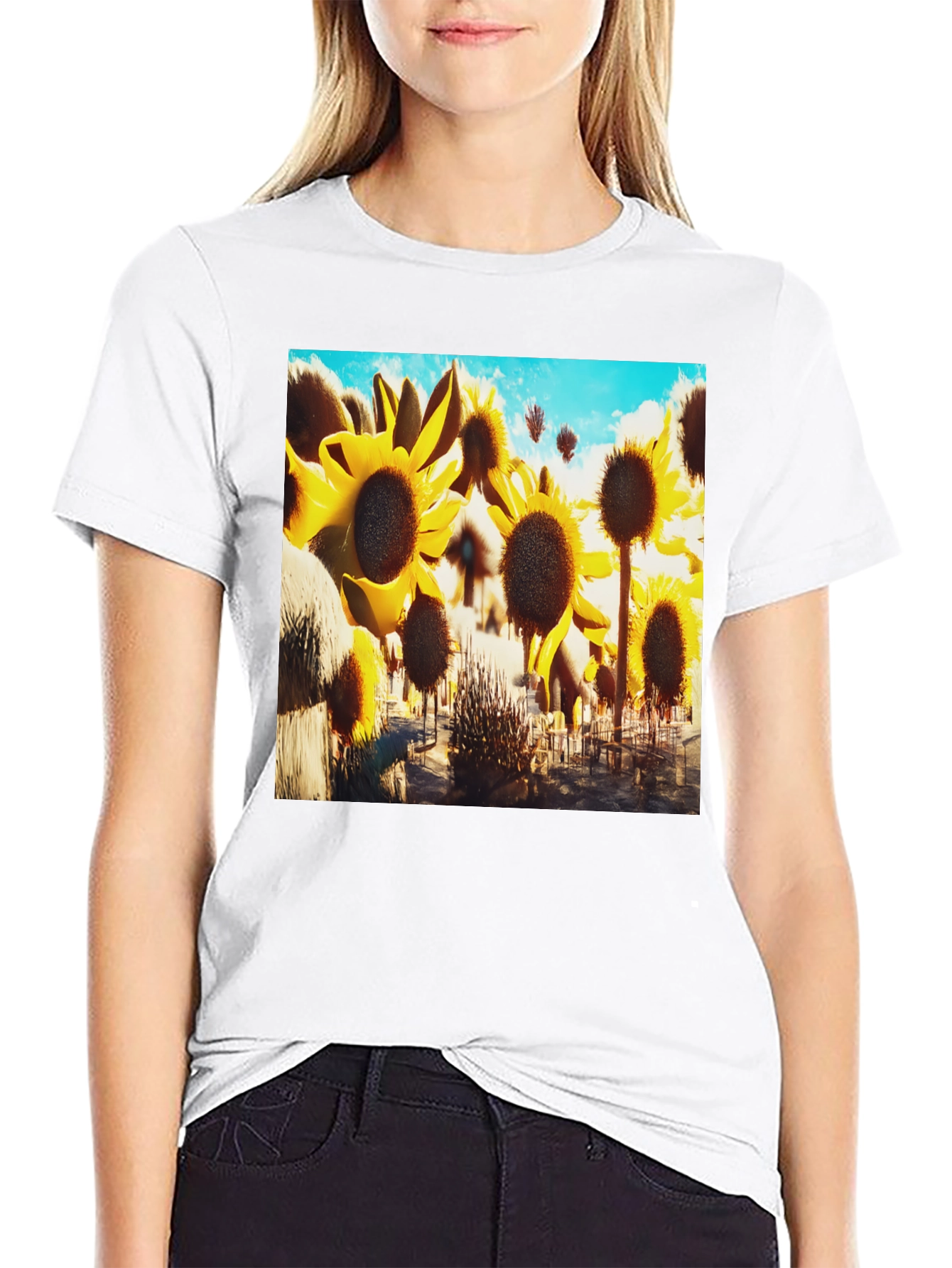 Sunflower Field Graphic Tee - Black Cotton T-Shirt