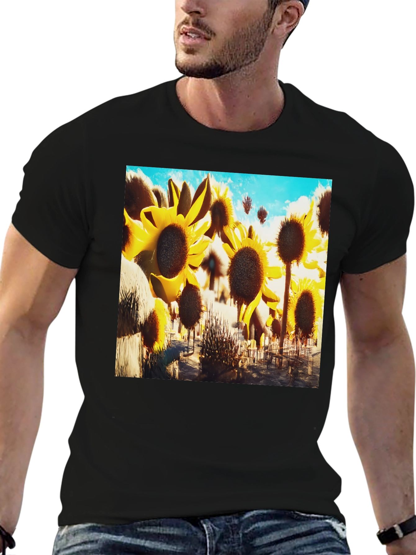 Sunflower Field Graphic Tee - Black Cotton T-Shirt