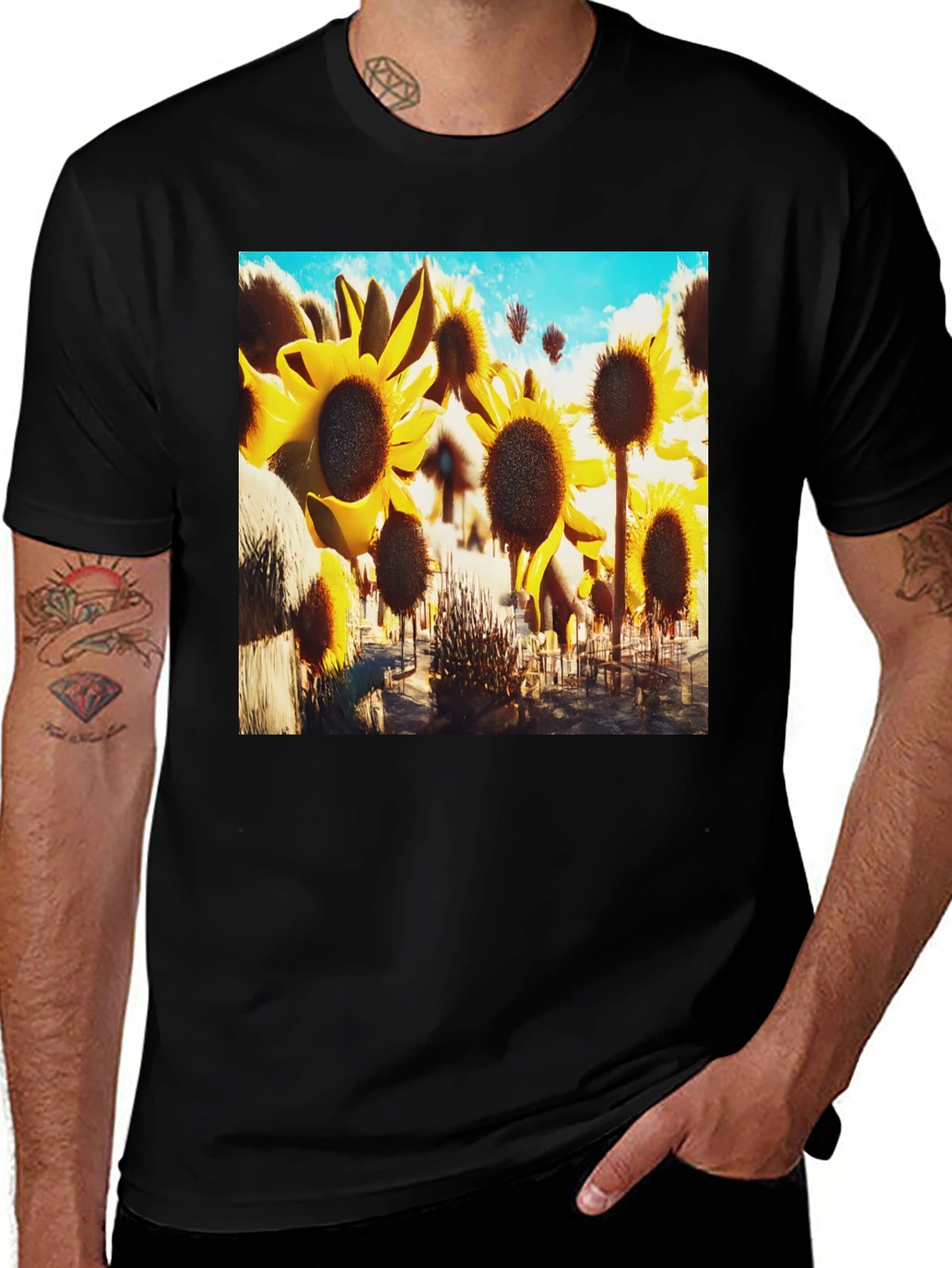 Sunflower Field Graphic Tee - Black Cotton T-Shirt