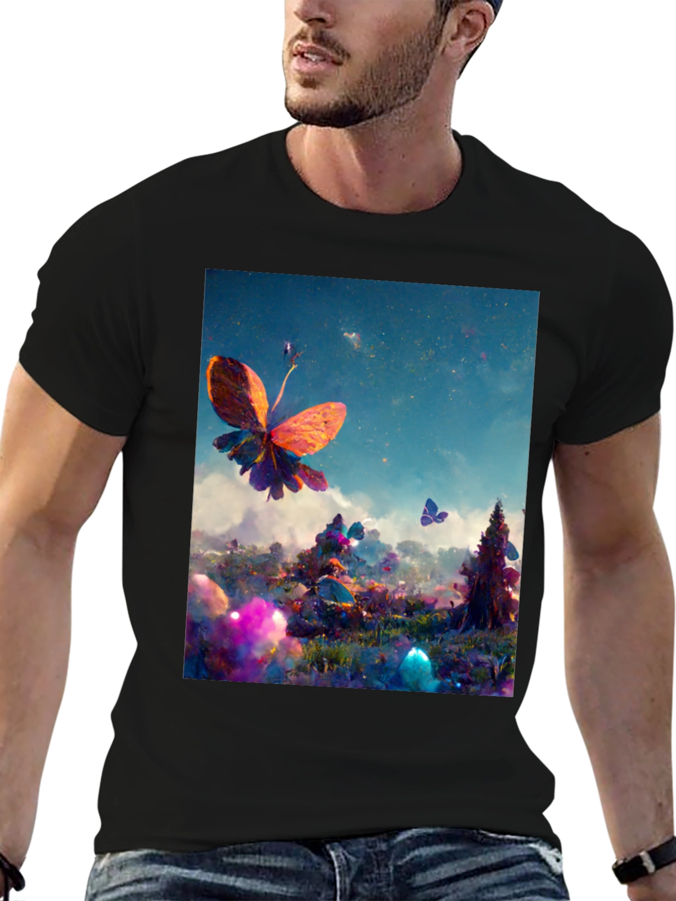 Butterfly Fantasy Graphic Tee - Black Cotton Blend