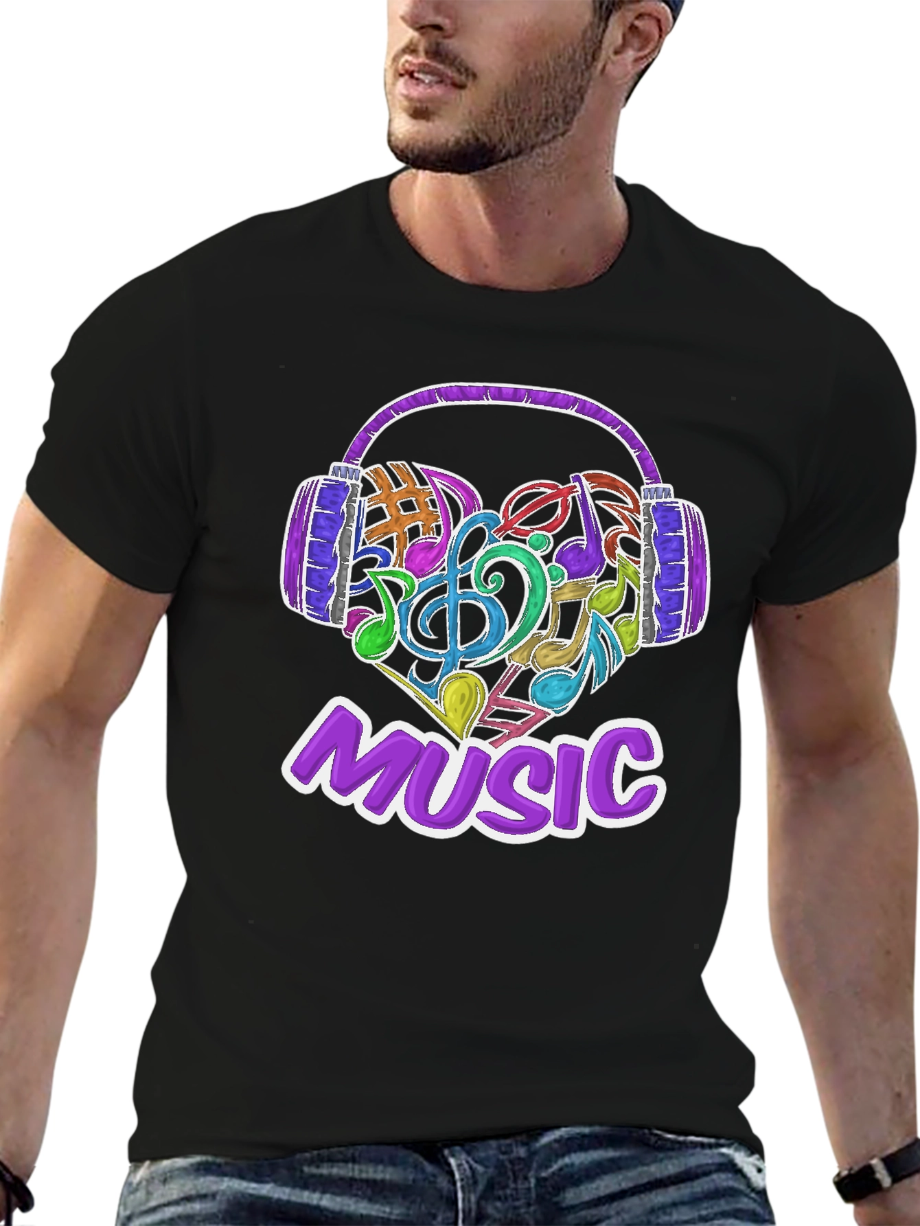 Music Lover T-Shirt with Headphone & Notes Design